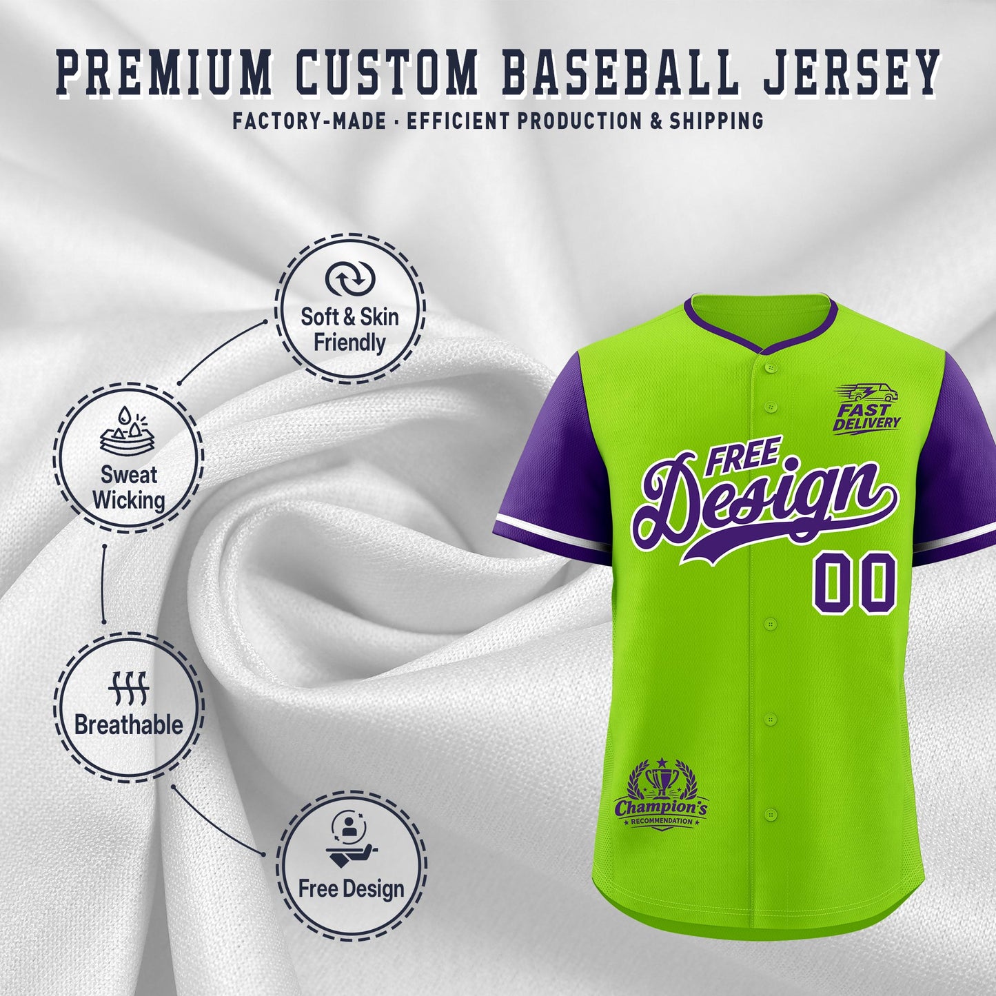 Custom Neon Green Purple Classic Style Baseball Jersey Stitched Sports Uniform Personalized For Teams