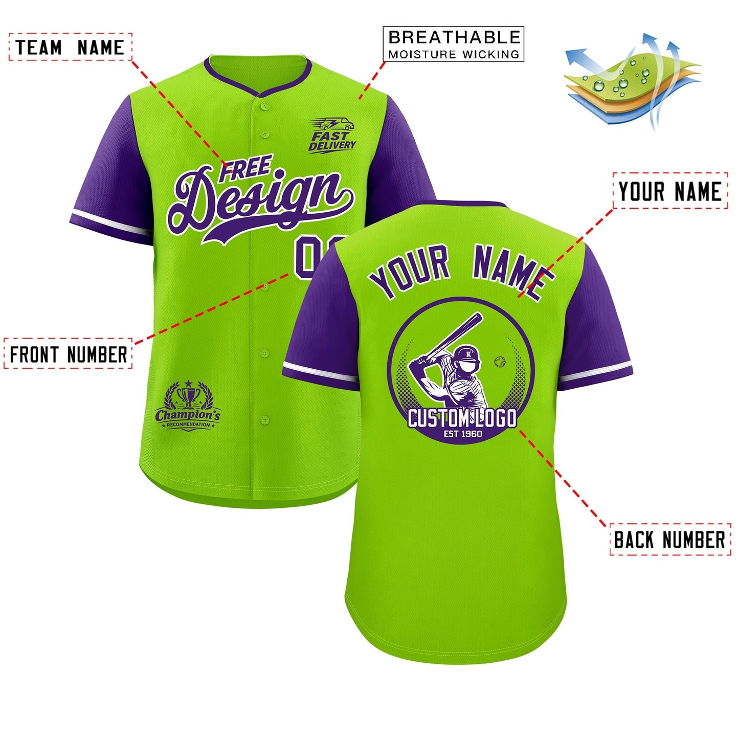 Custom Neon Green Purple Classic Style Baseball Jersey Stitched Sports Uniform Personalized For Teams