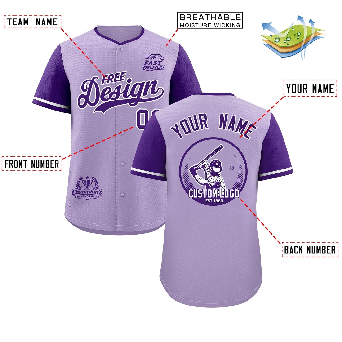 Custom Light Purple Purple Classic Style Baseball Jersey Stitched Sports Uniform Personalized For Teams