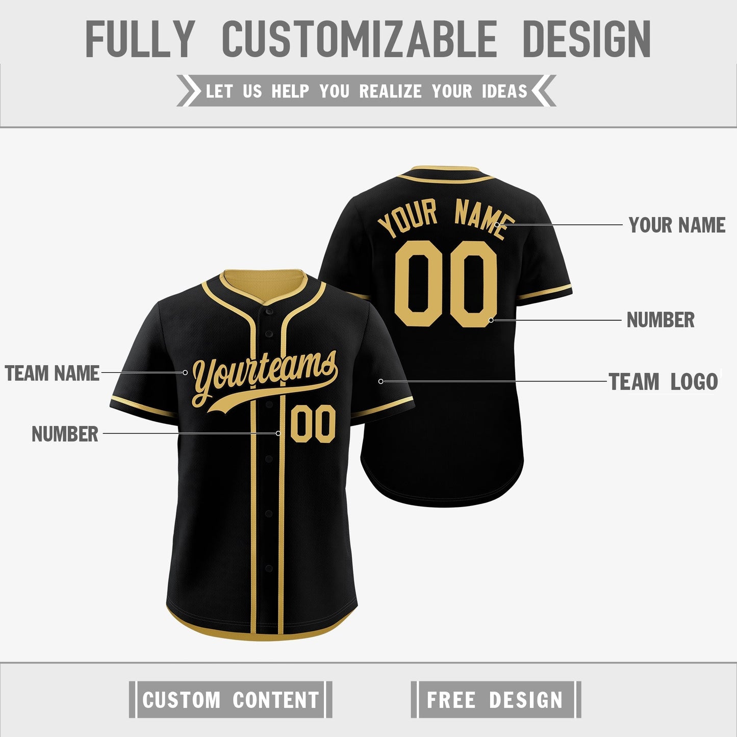 Custom Old Gold Black Reversible Baseball Jersey Classic Style Add Team Name & Player Number Moisture-Wicking