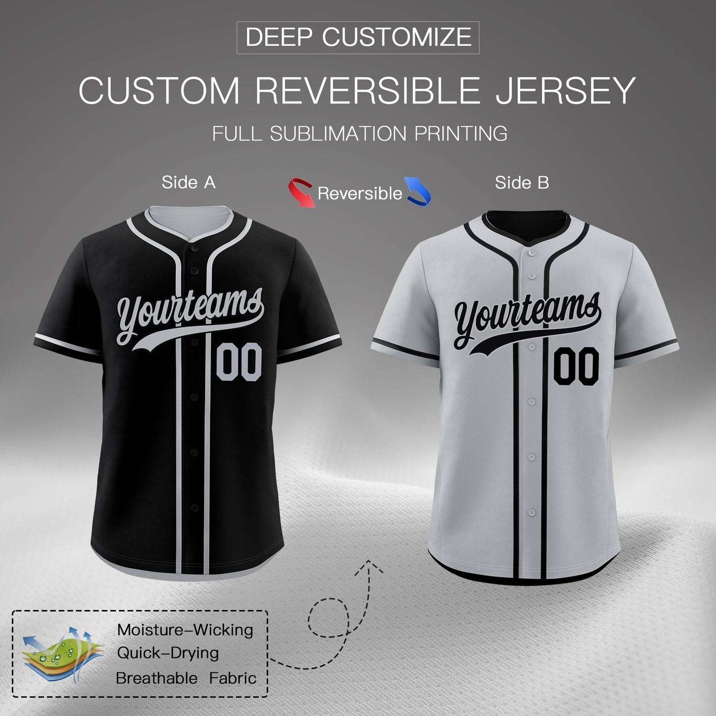 Custom Silver Black Reversible Baseball Jersey Classic Style For Youth Team Design Service