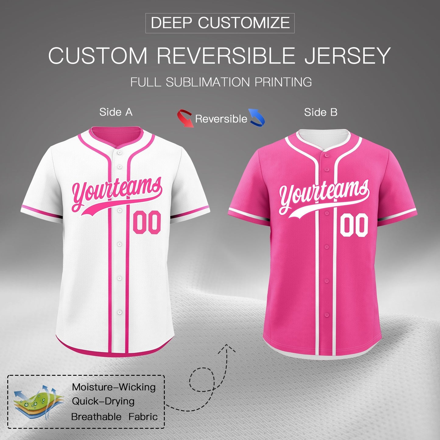 Custom Pink White Reversible Baseball Jersey Classic Style Add Team Name & Player Number Moisture-Wicking