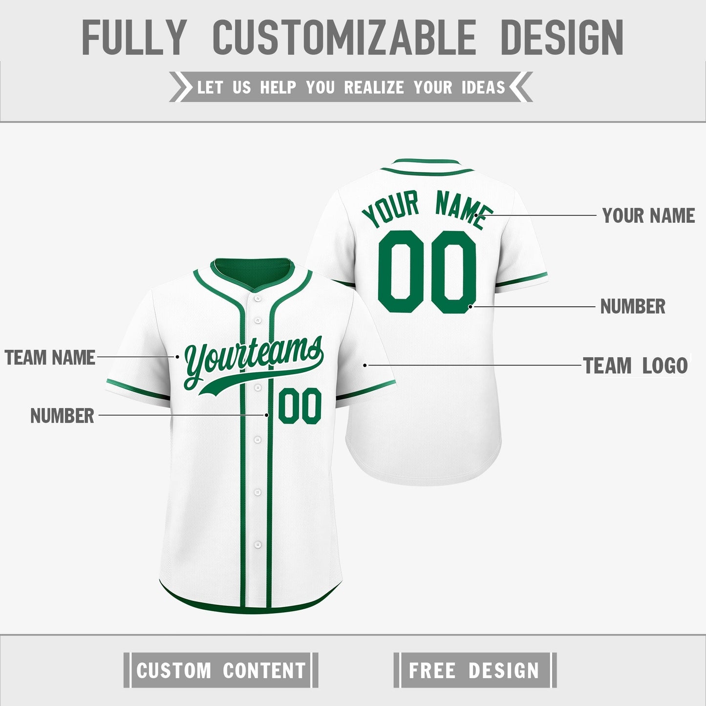 Custom Kelly Green White Reversible Baseball Jersey Classic Style For Youth Team Design Service