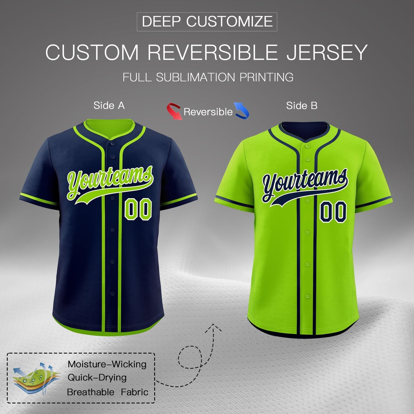 Custom Neon Green White Reversible Baseball Jersey Classic Style Add Team Name & Player Number Moisture-Wicking