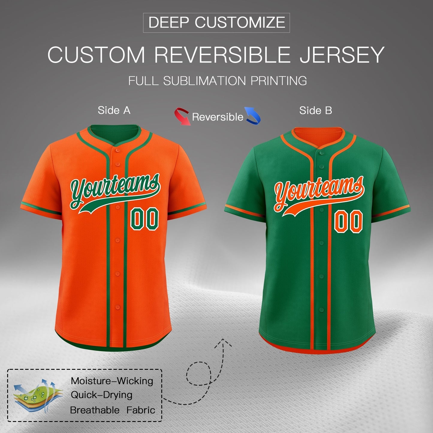Custom Kelly Green White Reversible Baseball Jersey Classic Style Add Team Name & Player Number Moisture-Wicking
