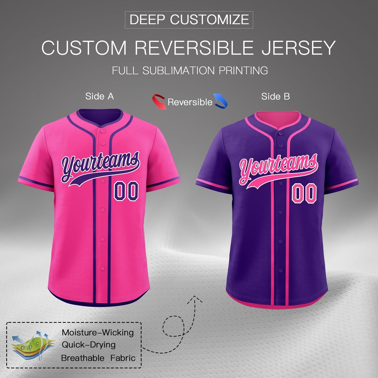 Custom Purple White Reversible Baseball Jersey Classic Style Add Team Name & Player Number Moisture-Wicking