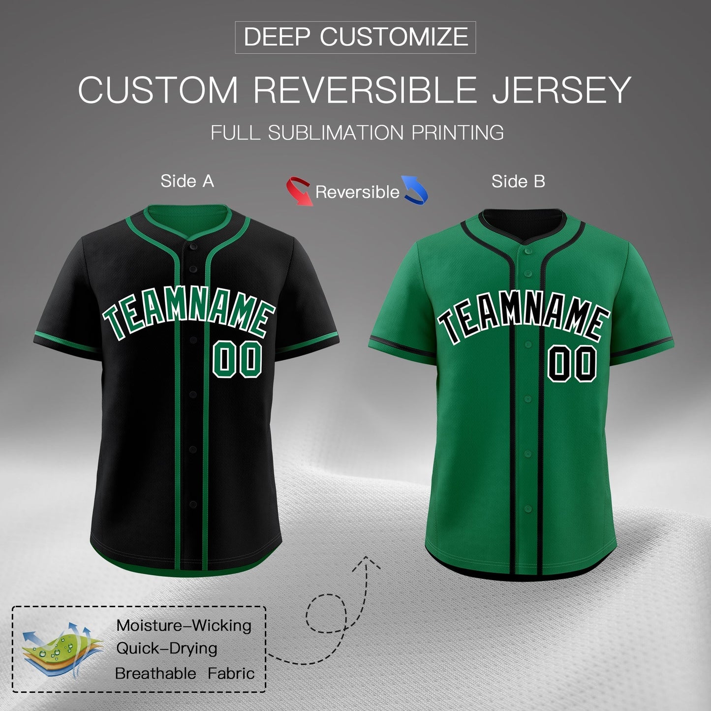 Custom Kelly Green Black Reversible Baseball Jersey Classic Style For Youth Team Design Service