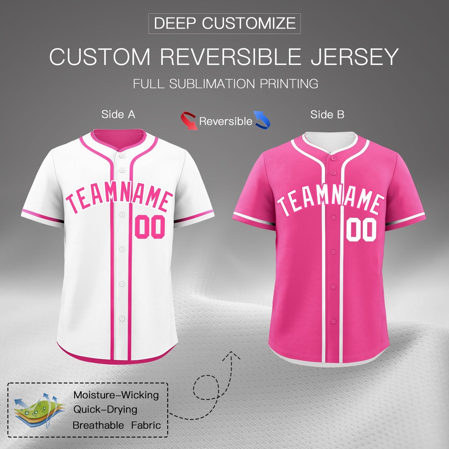 Custom Pink White Reversible Baseball Jersey Classic Style Add Team Name & Player Number Moisture-Wicking