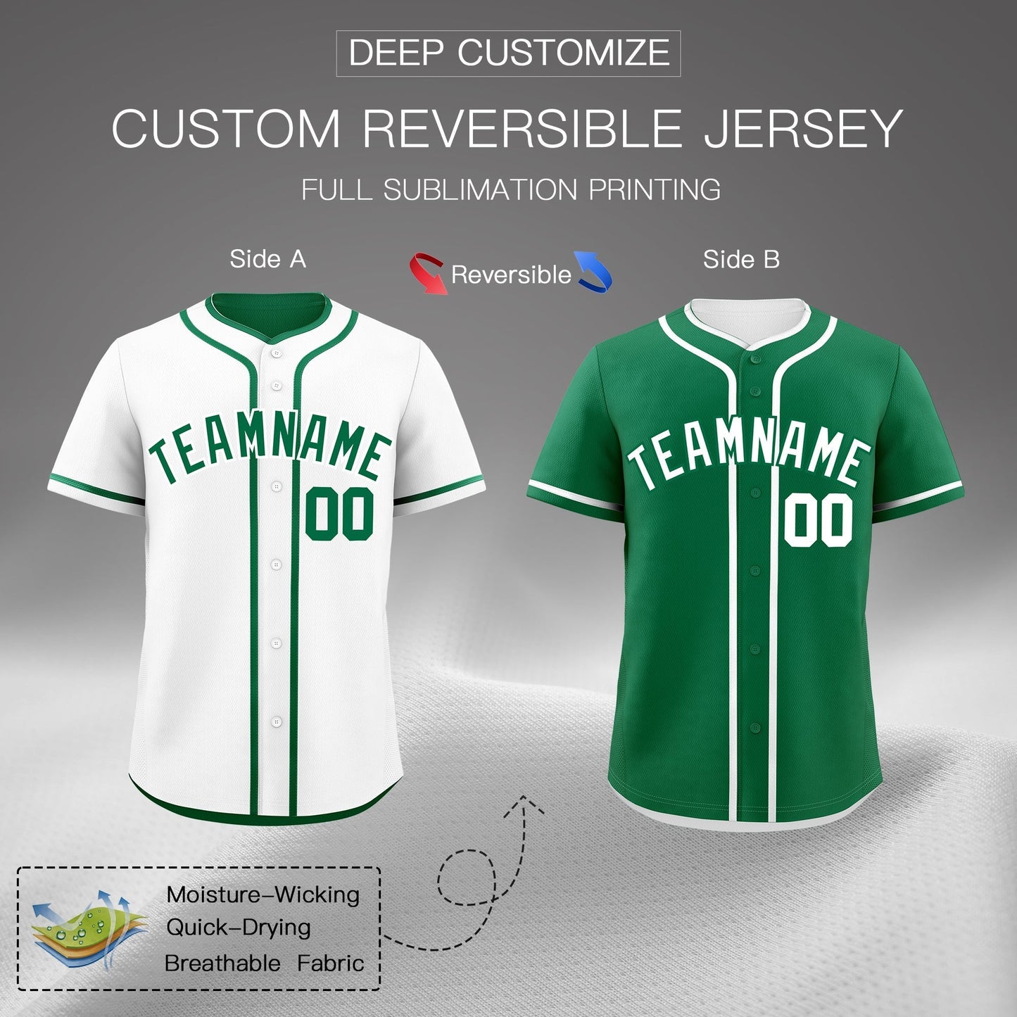 Custom Kelly Green White Reversible Baseball Jersey Classic Style For Youth Team Design Service
