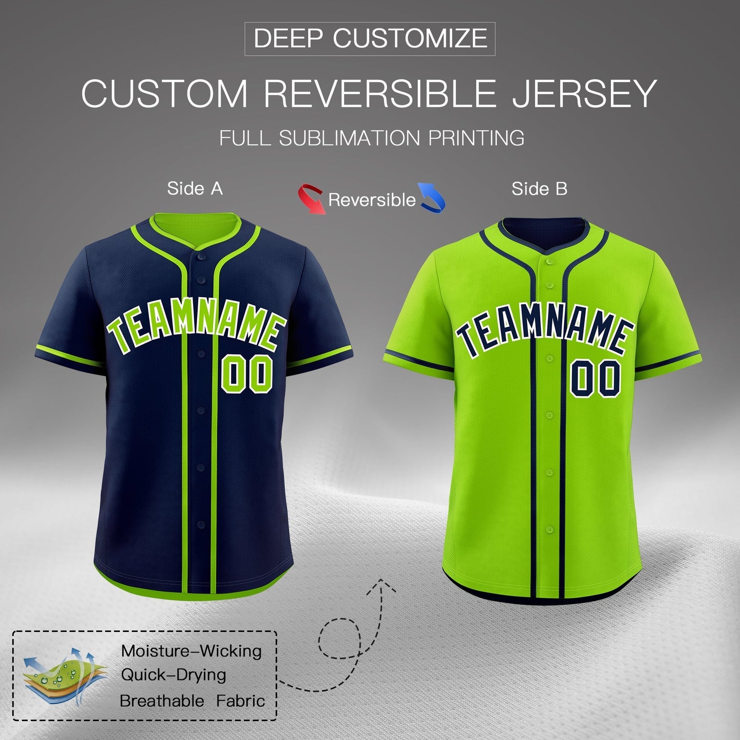 Custom Neon Green White Reversible Baseball Jersey Classic Style Add Team Name & Player Number Moisture-Wicking