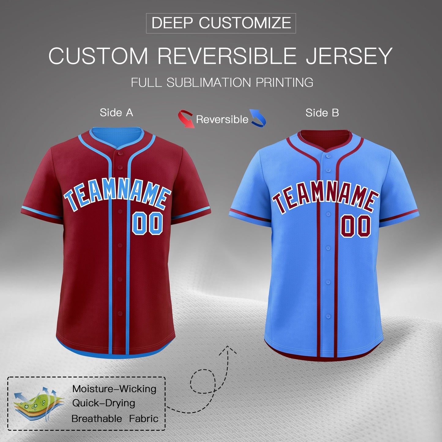 Custom Powder Blue White Reversible Baseball Jersey Classic Style Add Team Name & Player Number Moisture-Wicking