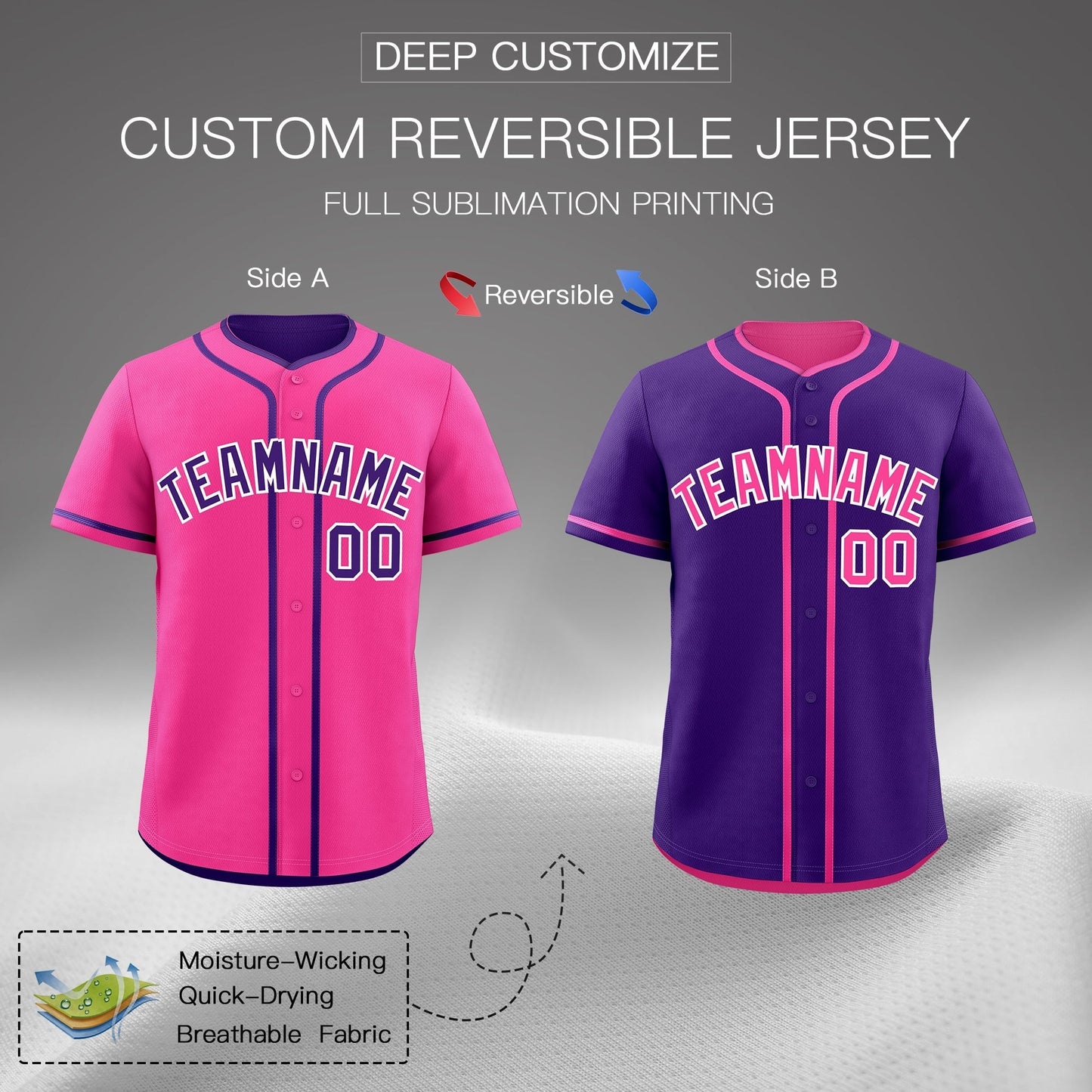 Custom Purple White Reversible Baseball Jersey Classic Style Add Team Name & Player Number Moisture-Wicking
