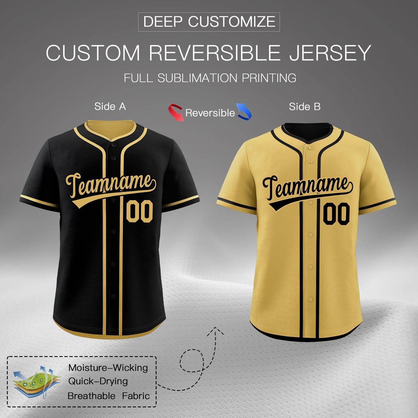 Custom Old Gold Black Reversible Baseball Jersey Classic Style Add Team Name & Player Number Moisture-Wicking