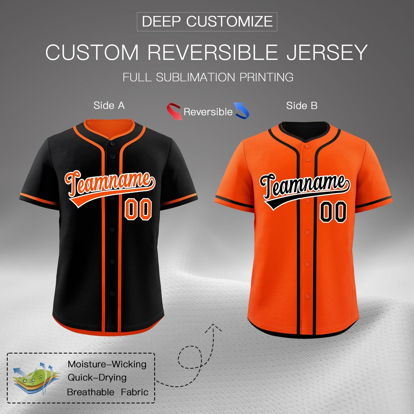 Custom Orange Black Reversible Baseball Jersey Classic Style Add Team Name & Player Number Moisture-Wicking