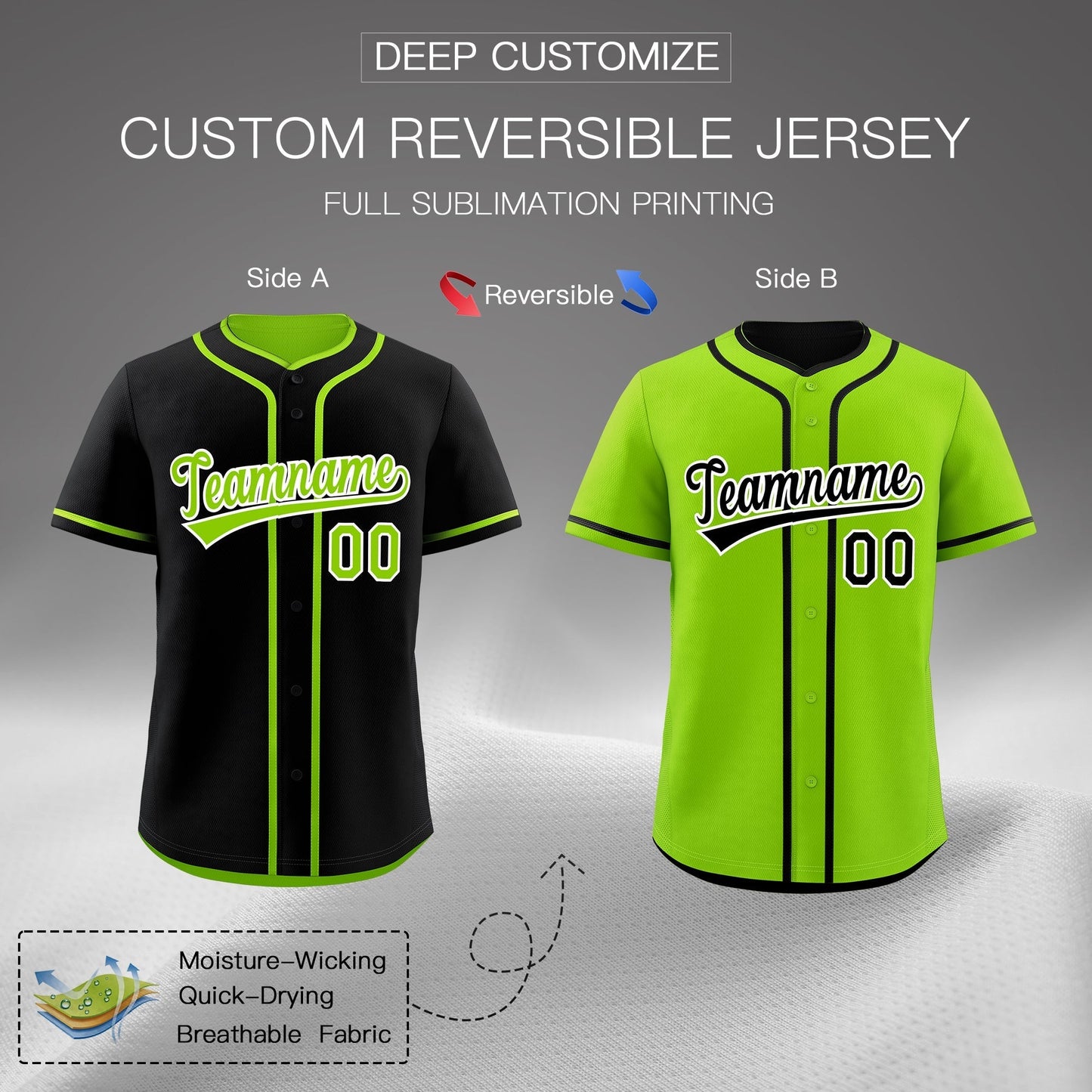 Custom Neon Green Black Reversible Baseball Jersey Classic Style For Youth Team Design Service