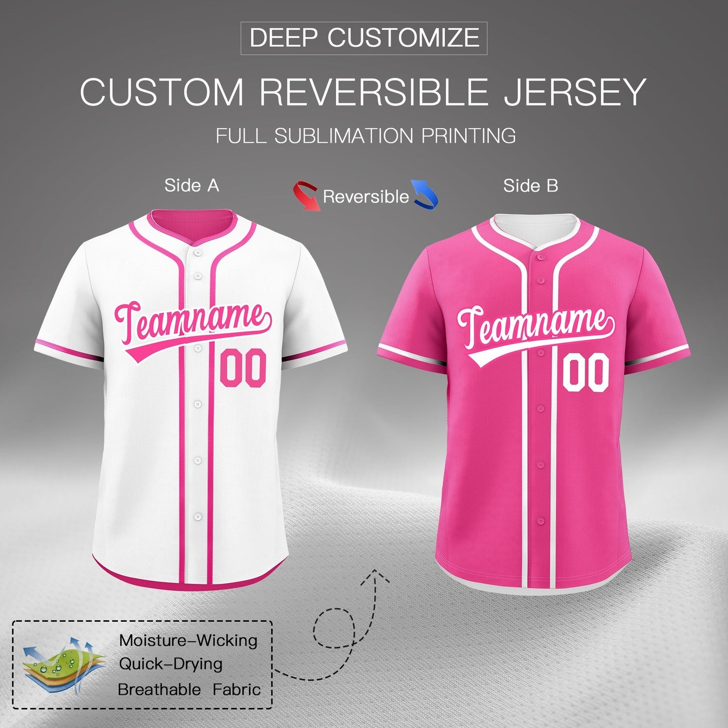 Custom Pink White Reversible Baseball Jersey Classic Style Add Team Name & Player Number Moisture-Wicking