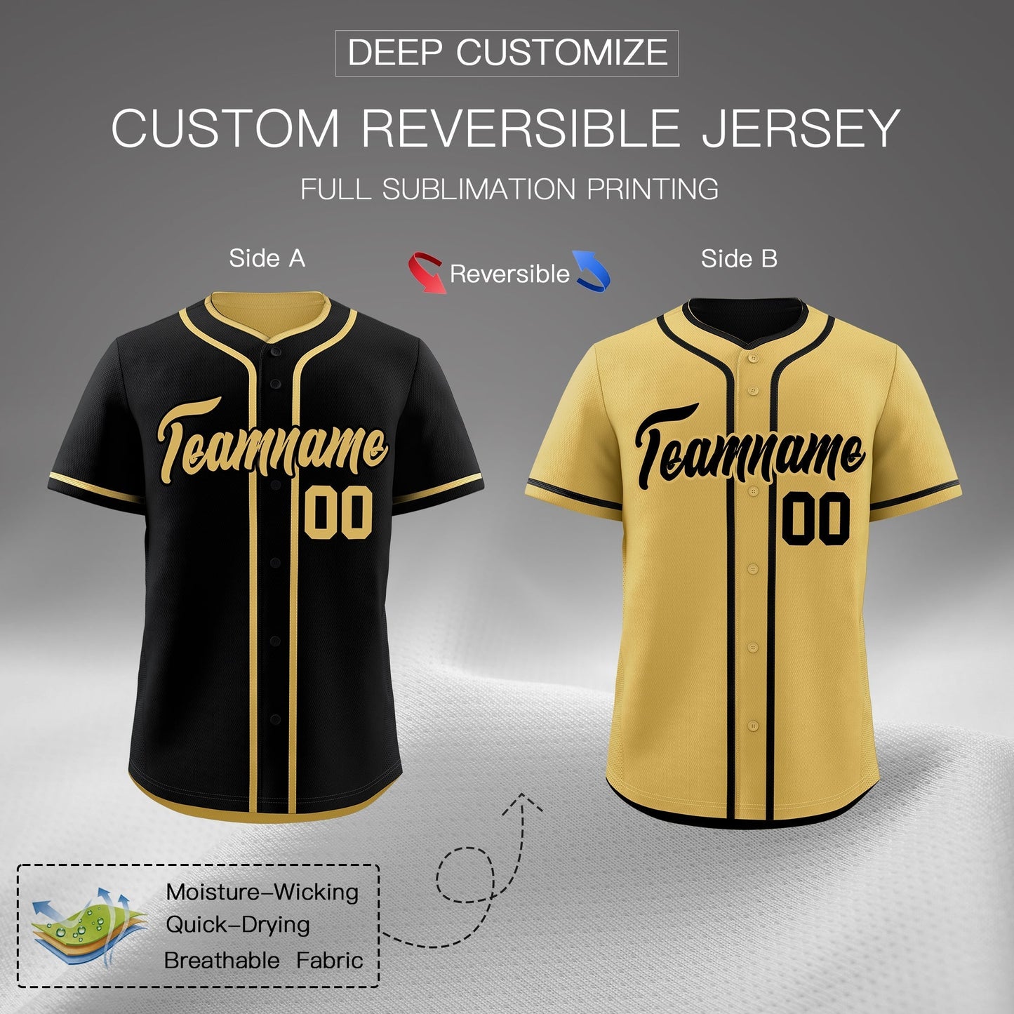 Custom Old Gold Black Reversible Baseball Jersey Classic Style Add Team Name & Player Number Moisture-Wicking