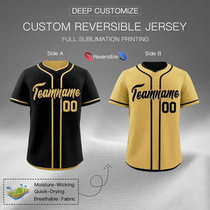 Custom Old Gold Black Reversible Baseball Jersey Classic Style Add Team Name & Player Number Moisture-Wicking