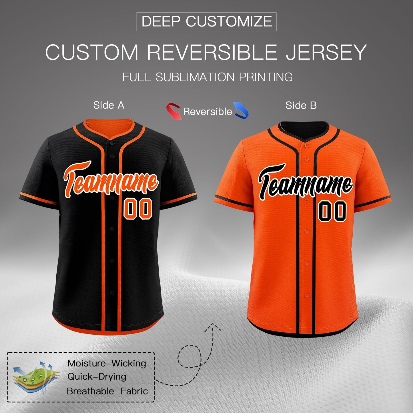 Custom Orange Black Reversible Baseball Jersey Classic Style Add Team Name & Player Number Moisture-Wicking
