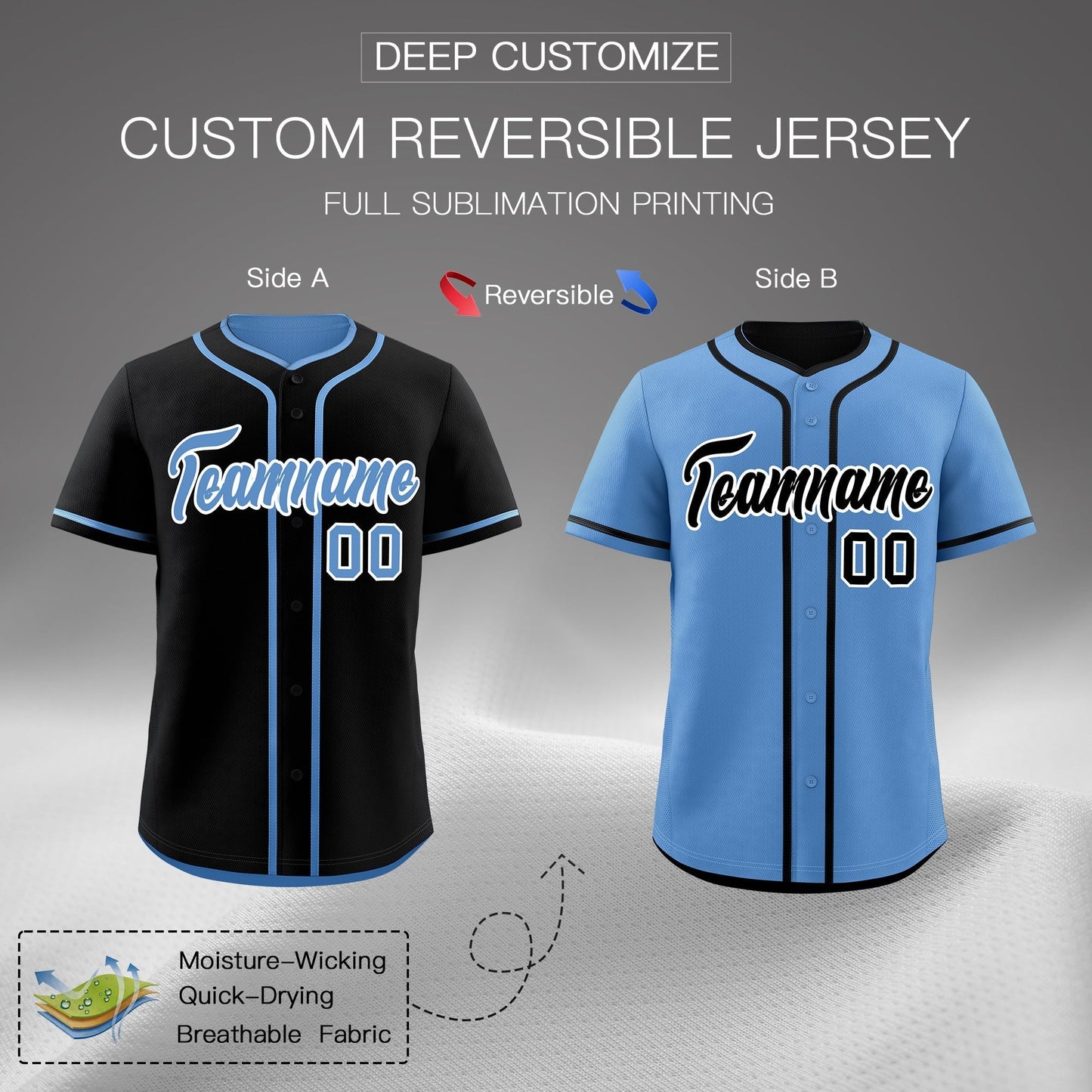 Custom Light Blue Black Reversible Baseball Jersey Classic Style Add Team Name & Player Number Moisture-Wicking