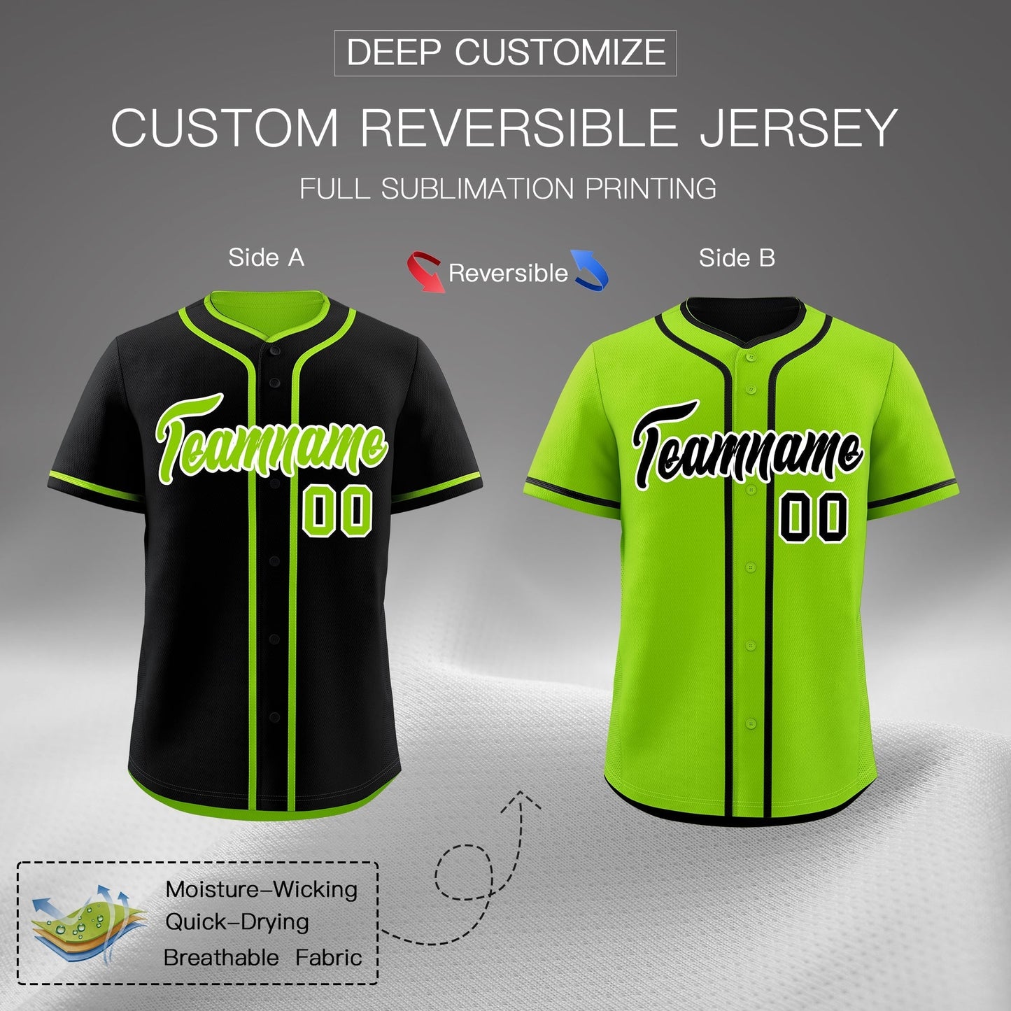 Custom Neon Green Black Reversible Baseball Jersey Classic Style For Youth Team Design Service