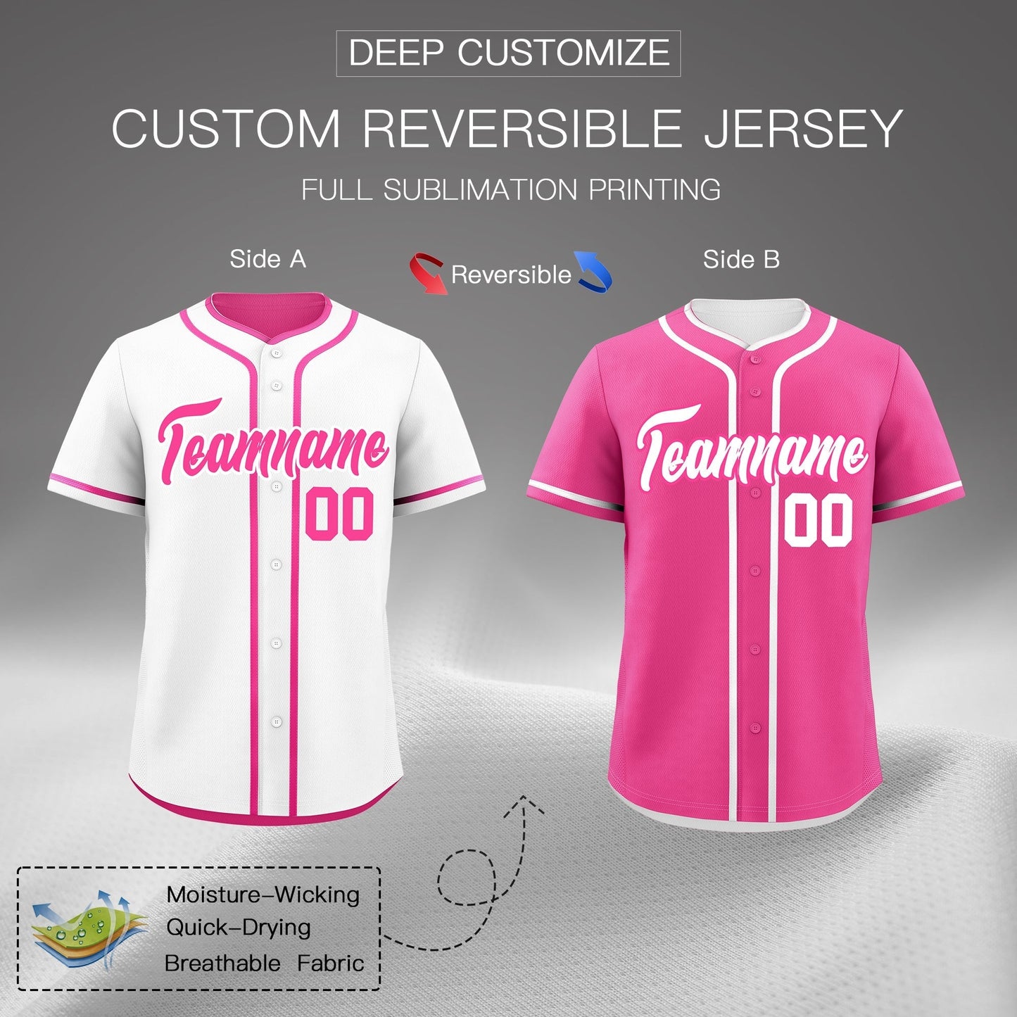 Custom Pink White Reversible Baseball Jersey Classic Style Add Team Name & Player Number Moisture-Wicking