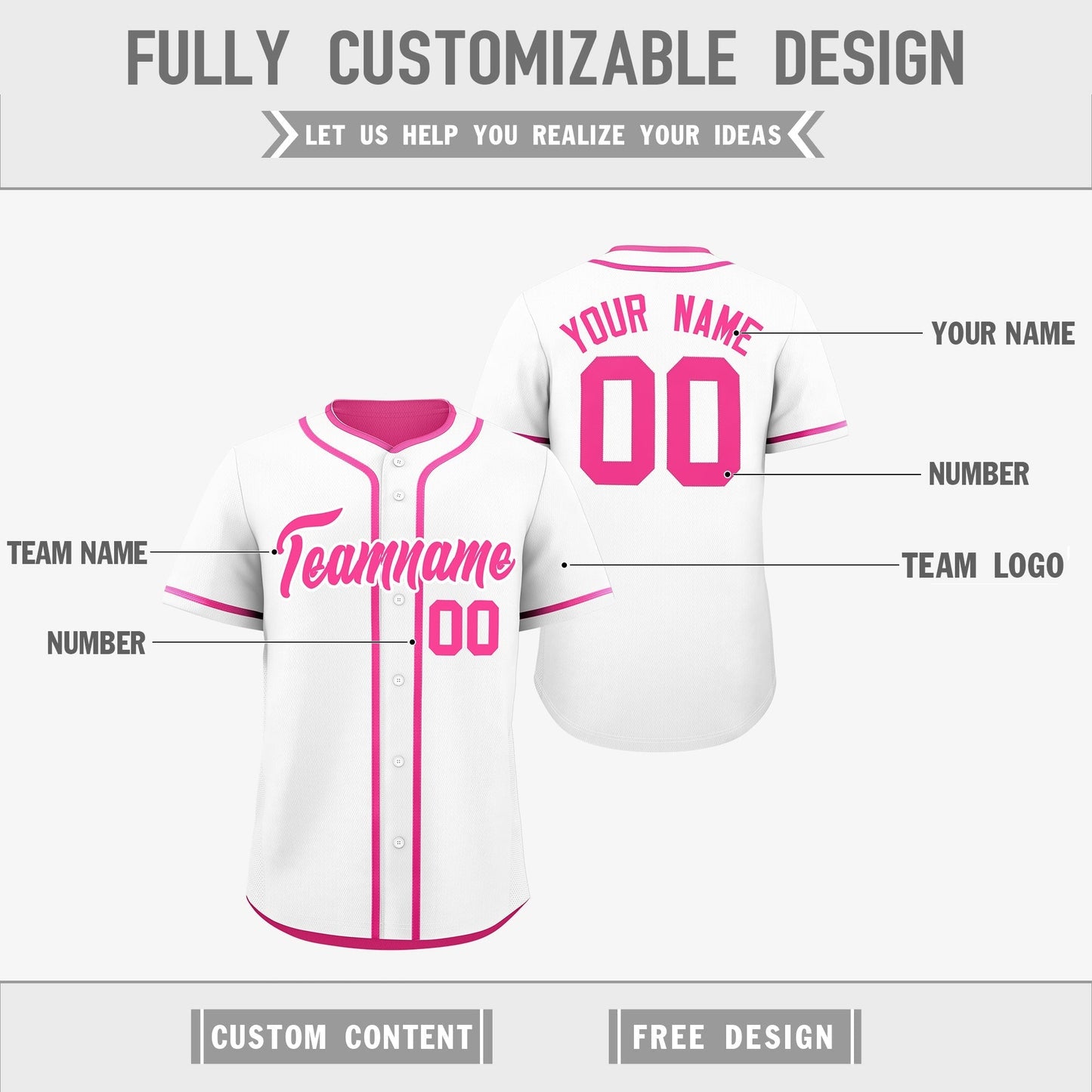 Custom Pink White Reversible Baseball Jersey Classic Style Add Team Name & Player Number Moisture-Wicking