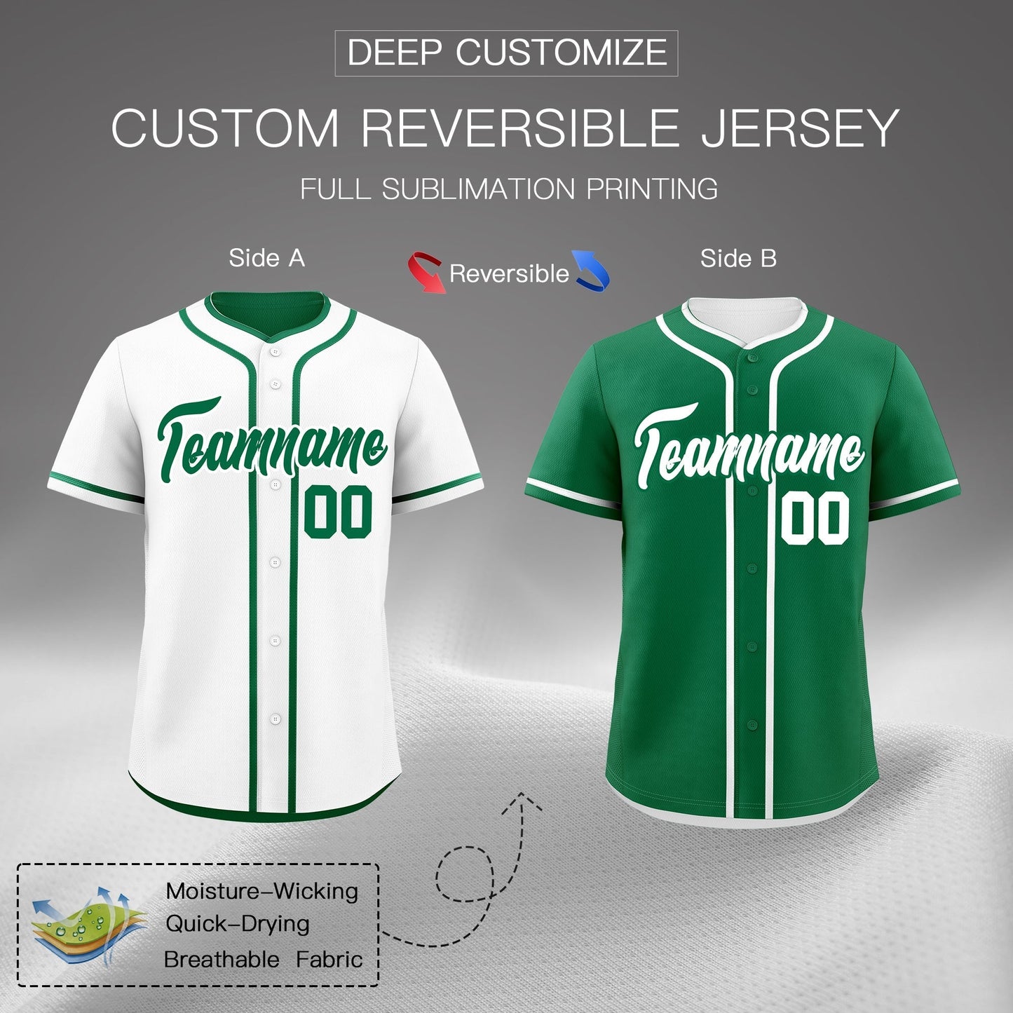 Custom Kelly Green White Reversible Baseball Jersey Classic Style For Youth Team Design Service
