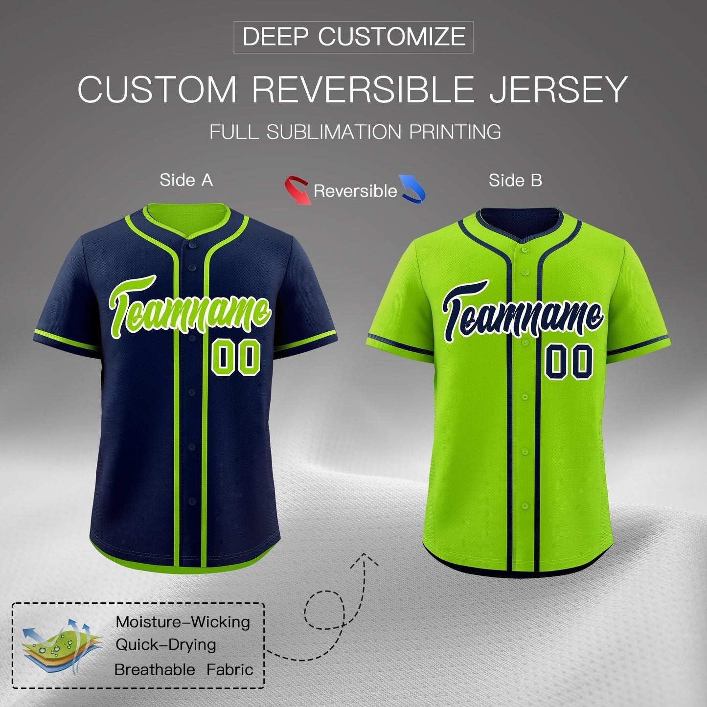 Custom Neon Green White Reversible Baseball Jersey Classic Style Add Team Name & Player Number Moisture-Wicking