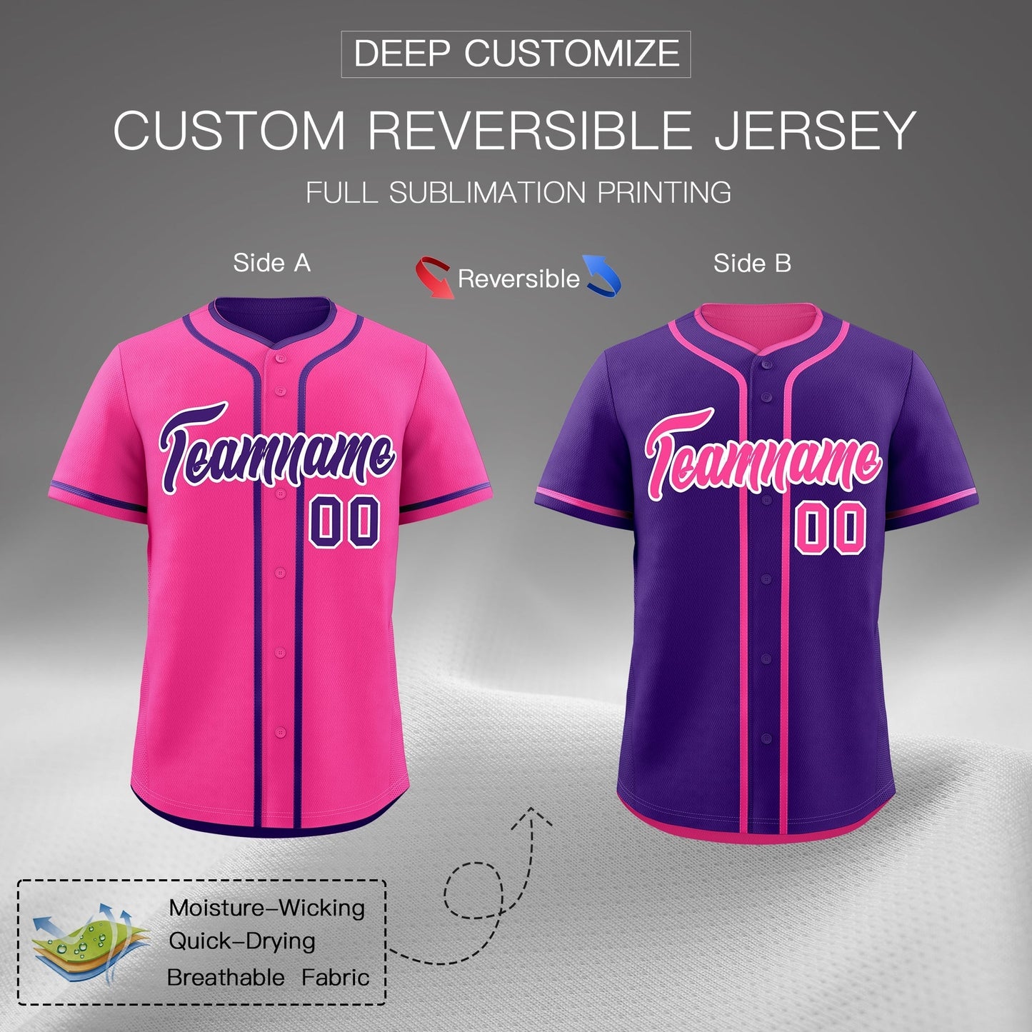 Custom Purple White Reversible Baseball Jersey Classic Style Add Team Name & Player Number Moisture-Wicking