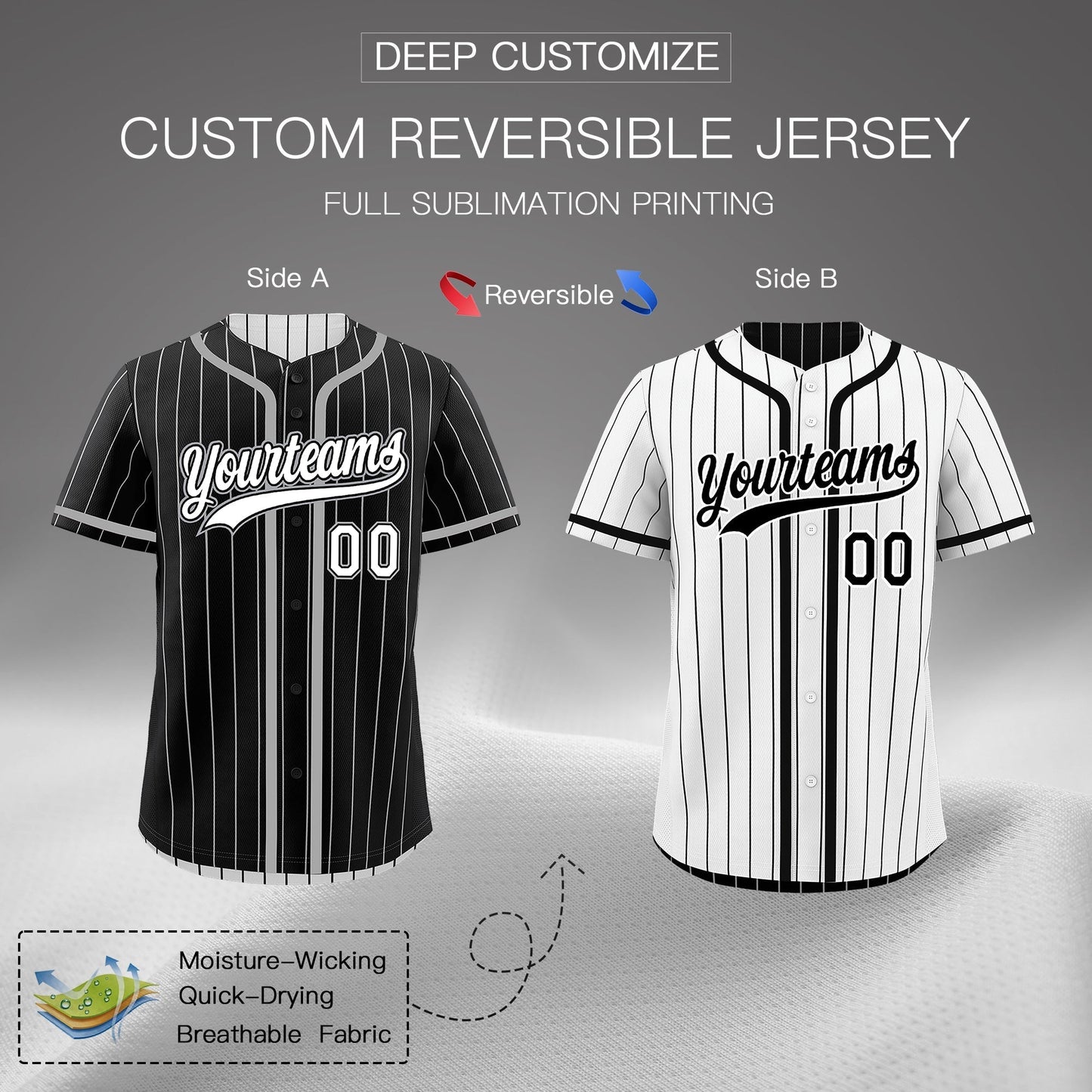 Custom Black White Reversible Baseball Jersey Stripe Fashion Game Day & Tournament Wear Lightweight