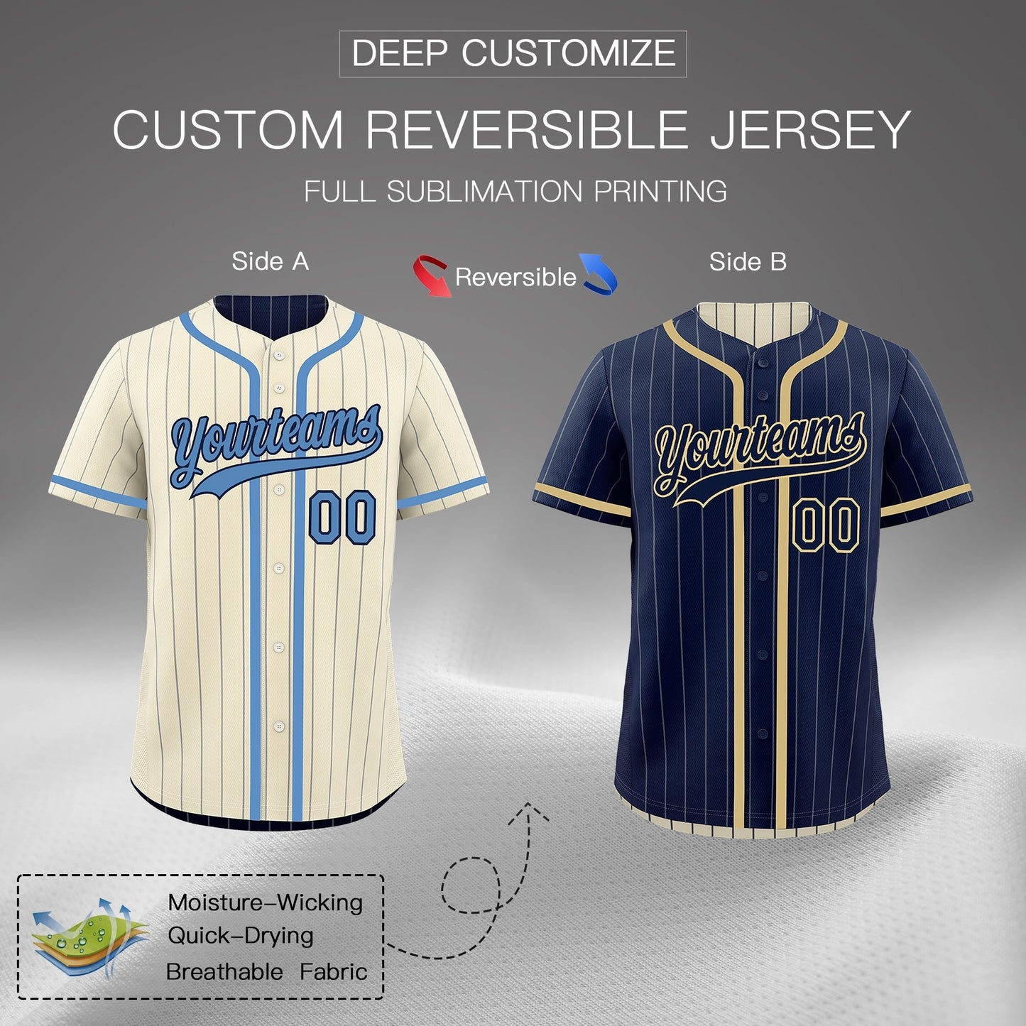 Custom Cream Navy Reversible Baseball Jersey Stripe Fashion Game Day & Tournament Wear Breathable