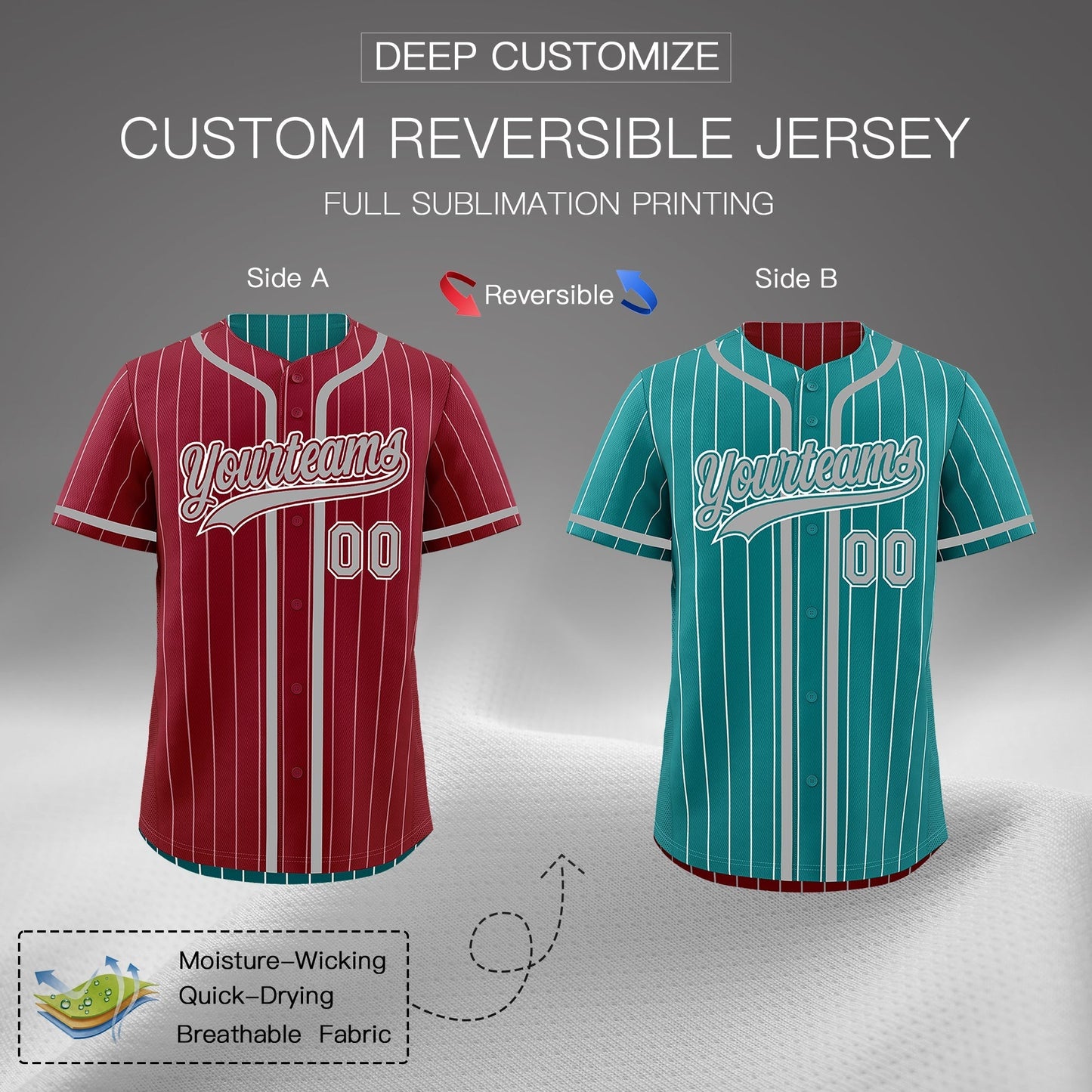 Custom Crimson Teal Reversible Baseball Jersey Stripe Fashion Game Day & Tournament Wear Lightweight