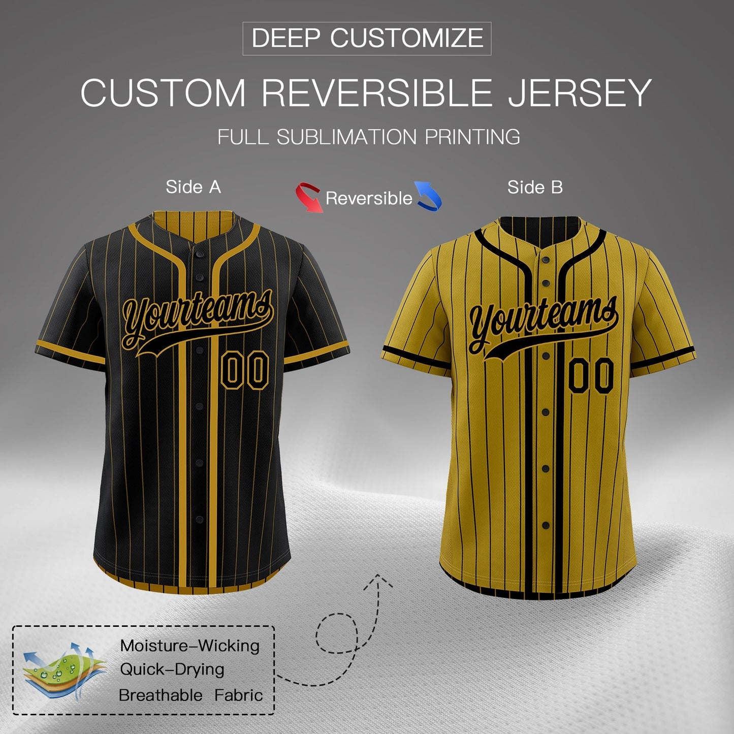 Custom Black Old Gold Reversible Baseball Jersey Stripe Fashion Game Day & Tournament Wear Breathable