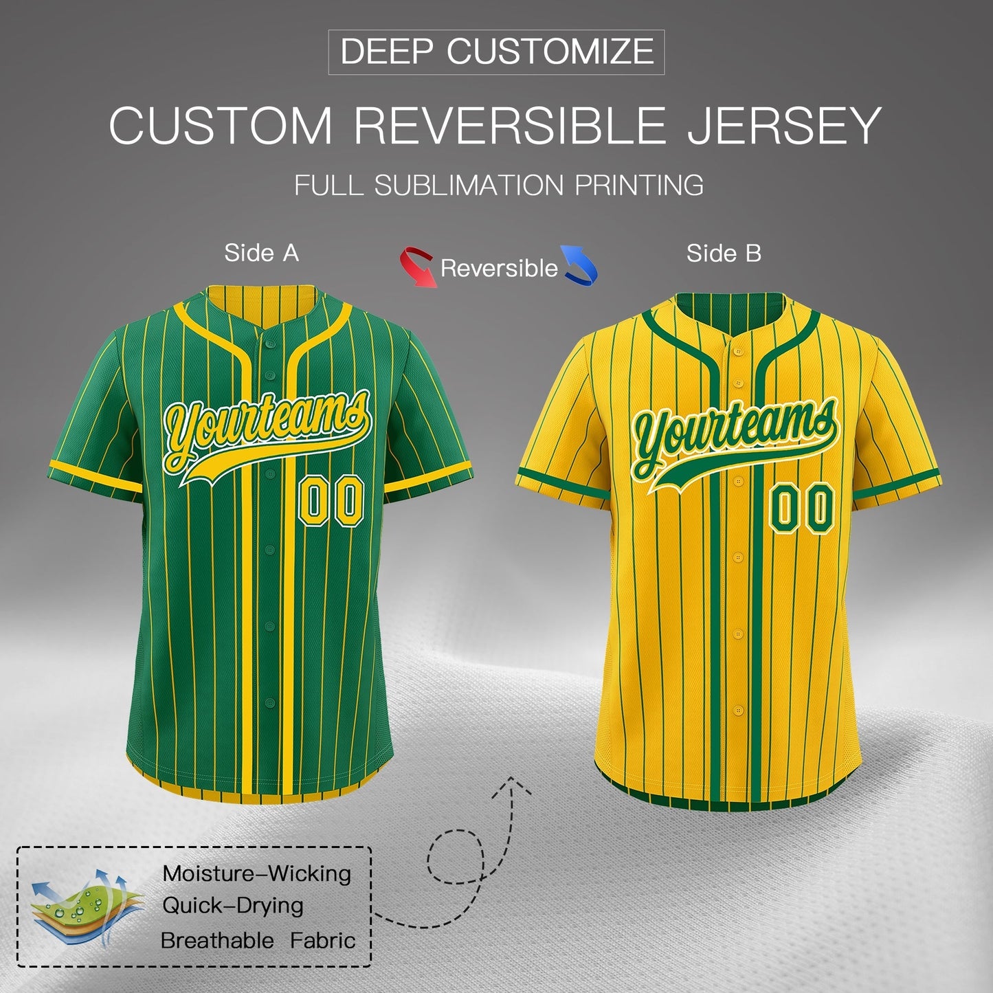 Custom Kelly Green Yellow Reversible Baseball Jersey Stripe Fashion Game Day & Tournament Wear Lightweight