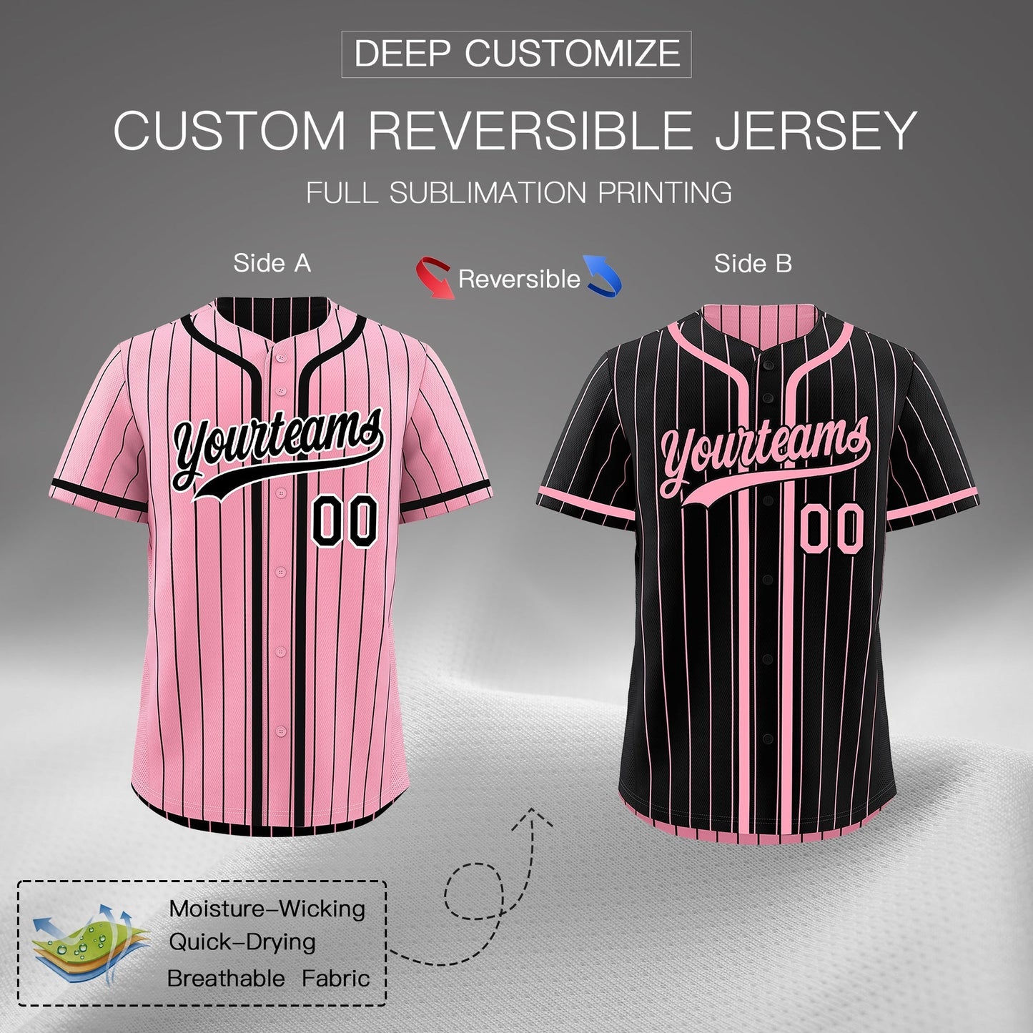 Custom Light Pink Black Reversible Baseball Jersey Stripe Fashion Game Day & Tournament Wear Breathable