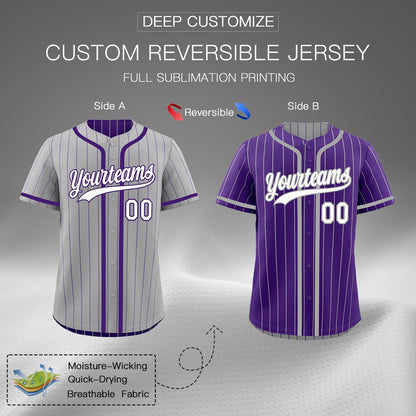 Custom Gray Purple Reversible Baseball Jersey Stripe Fashion Game Day & Tournament Wear Lightweight