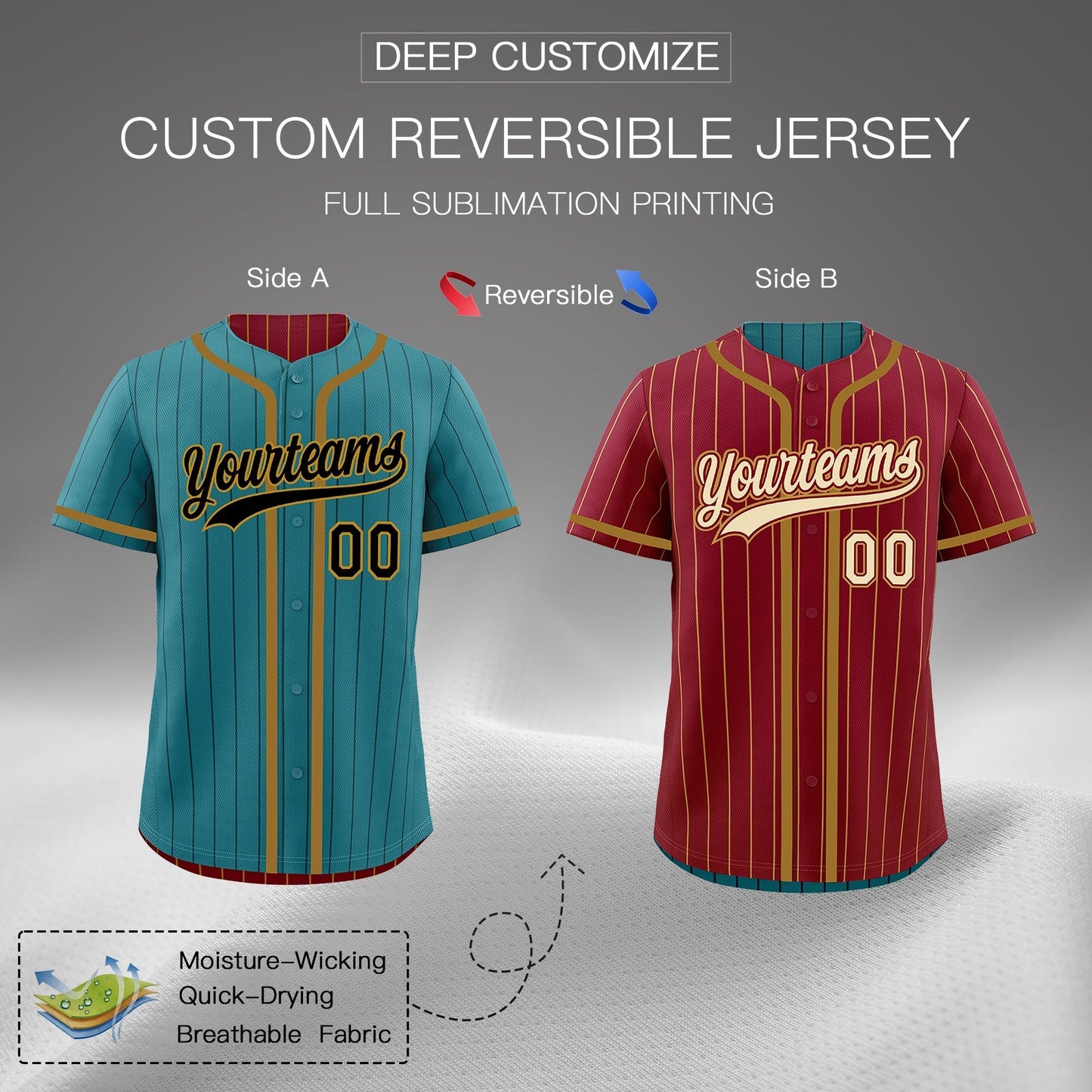 Custom Teal Crimson Reversible Baseball Jersey Stripe Fashion Game Day & Tournament Wear Breathable