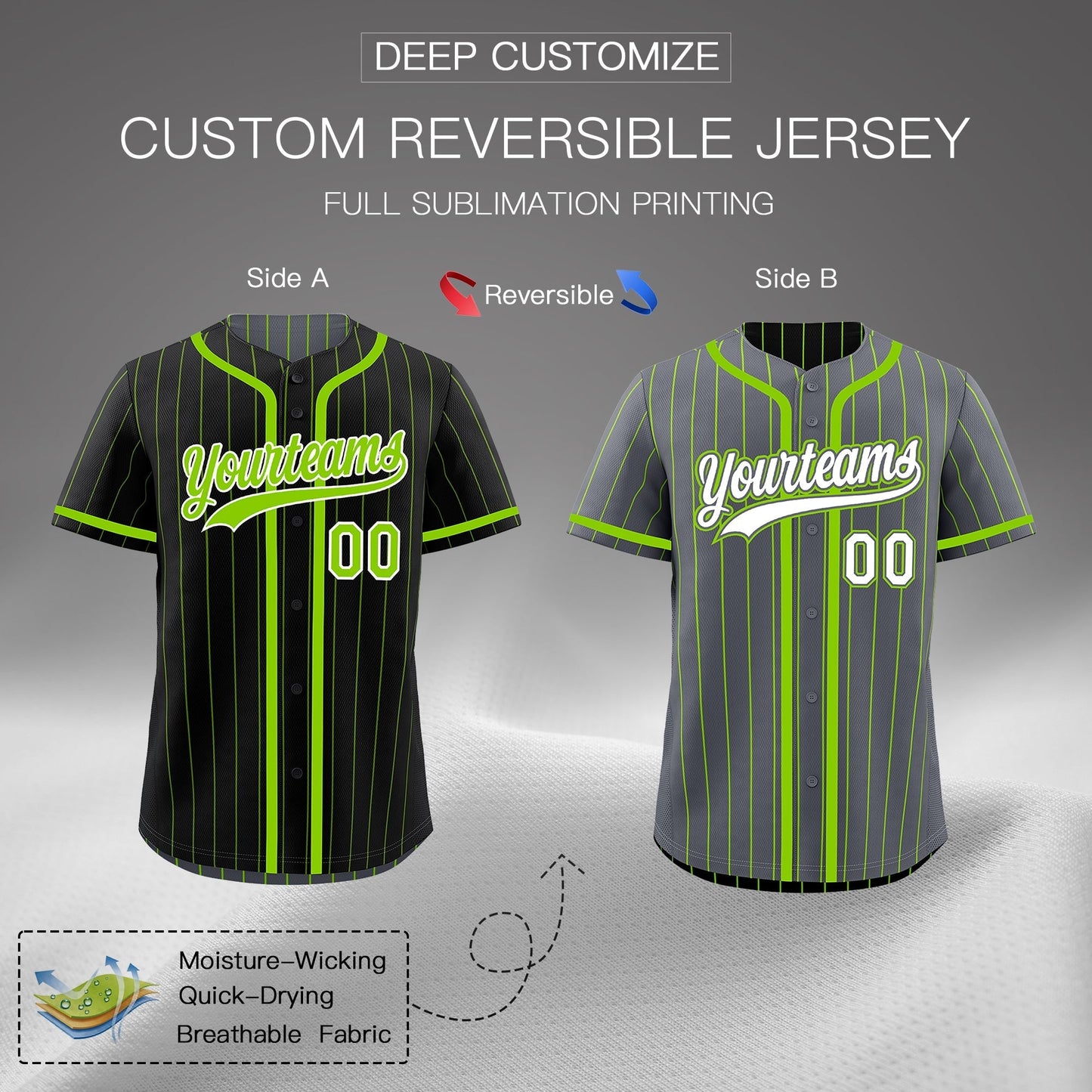 Custom Black Neon Green Reversible Baseball Jersey Stripe Fashion Game Day & Tournament Wear Lightweight