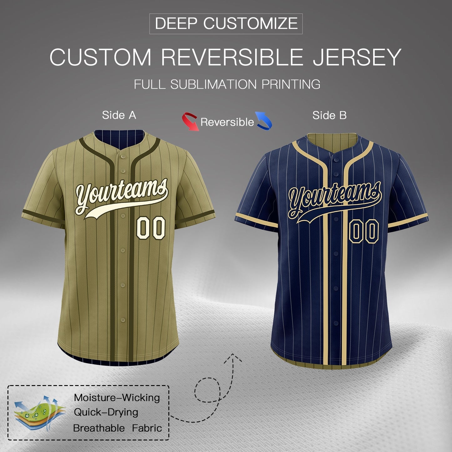Custom Navy Olive Reversible Baseball Jersey Stripe Fashion Game Day & Tournament Wear Lightweight