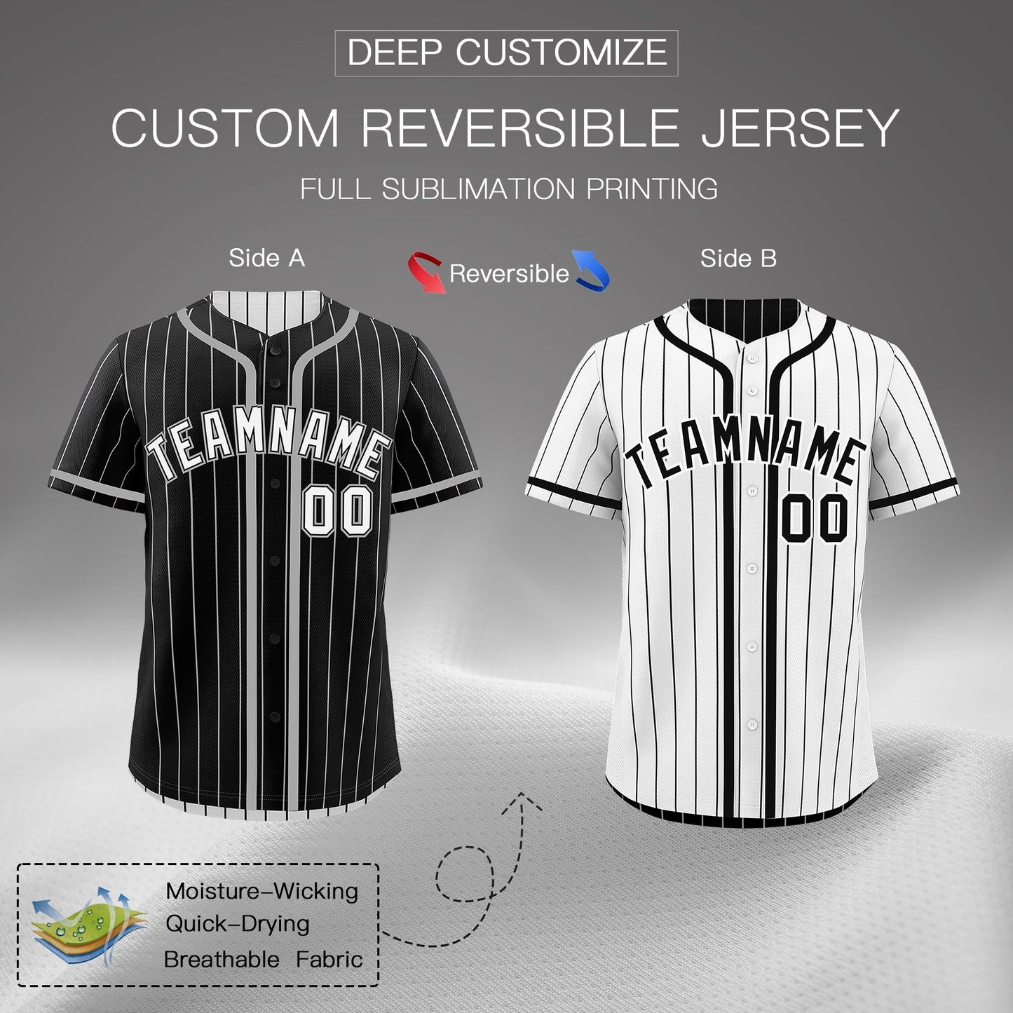 Custom Black White Reversible Baseball Jersey Stripe Fashion Game Day & Tournament Wear Lightweight