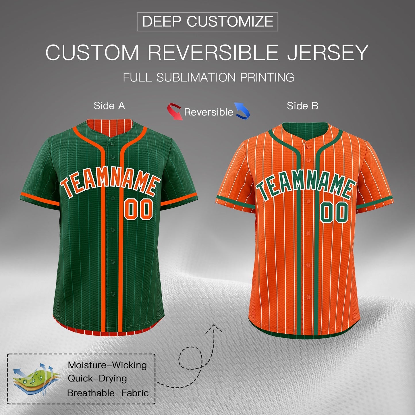 Custom Green Orange Reversible Baseball Jersey Stripe Fashion Game Day & Tournament Wear Lightweight