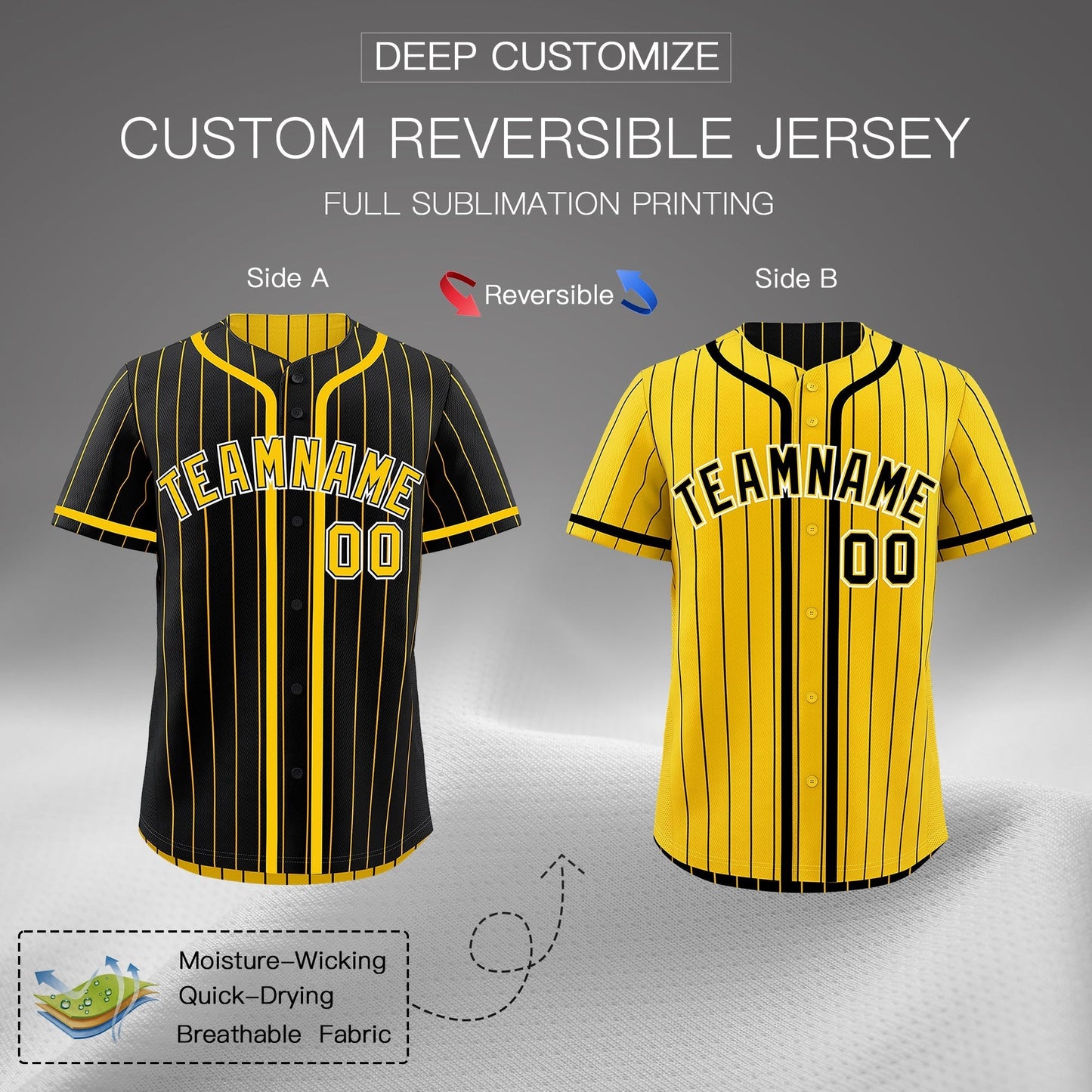 Custom Black Yellow Reversible Baseball Jersey Stripe Fashion Game Day & Tournament Wear Breathable