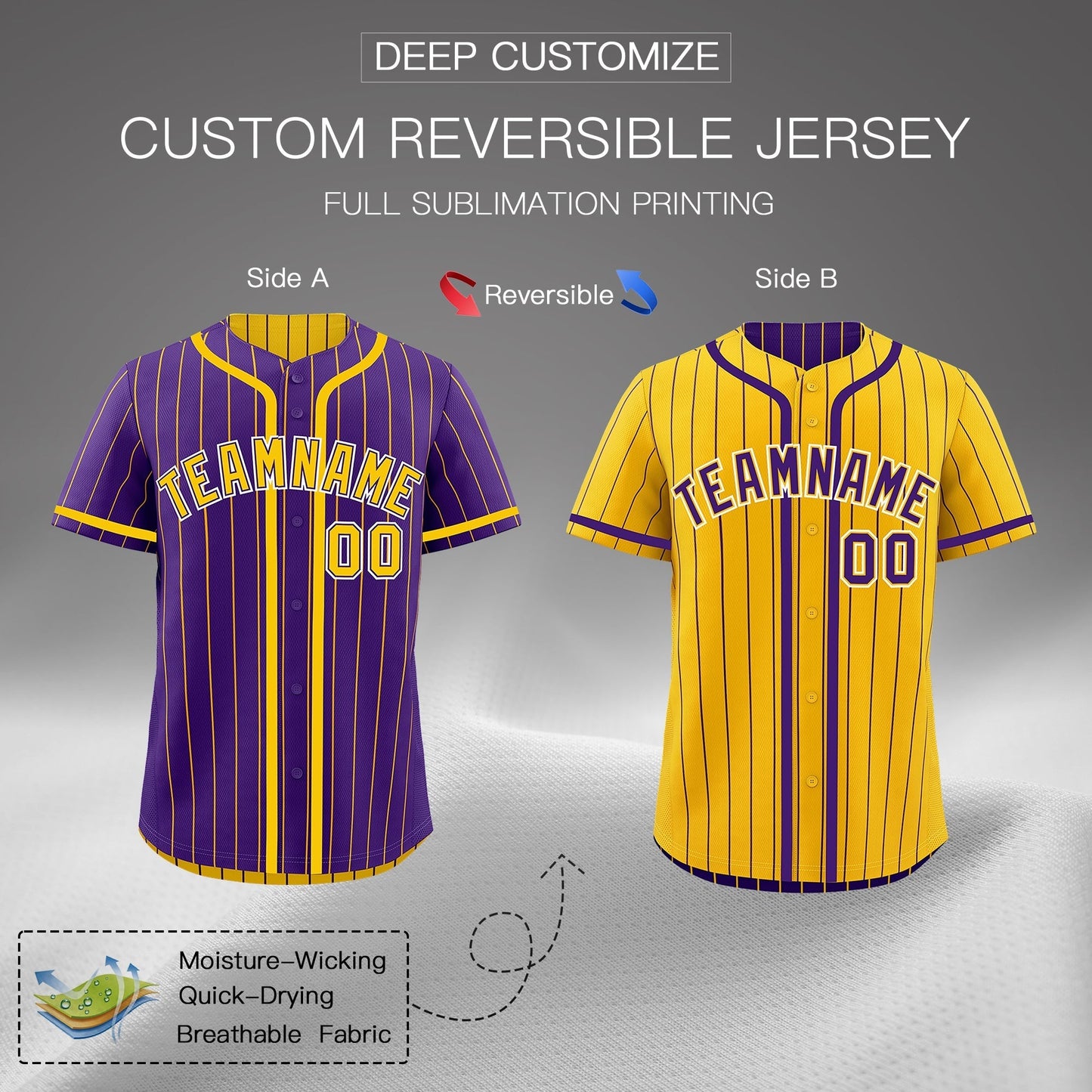 Custom Purple Yellow Reversible Baseball Jersey Stripe Fashion Game Day & Tournament Wear Lightweight