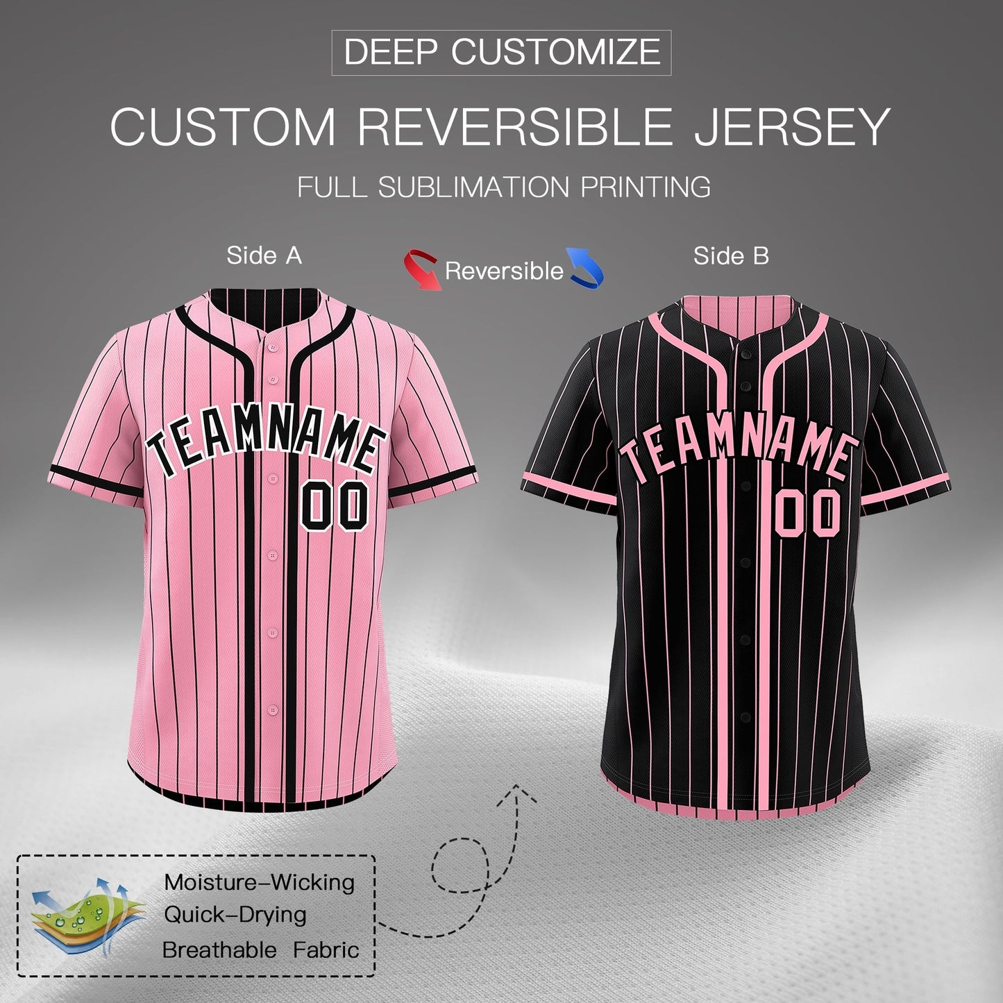 Custom Light Pink Black Reversible Baseball Jersey Stripe Fashion Game Day & Tournament Wear Breathable