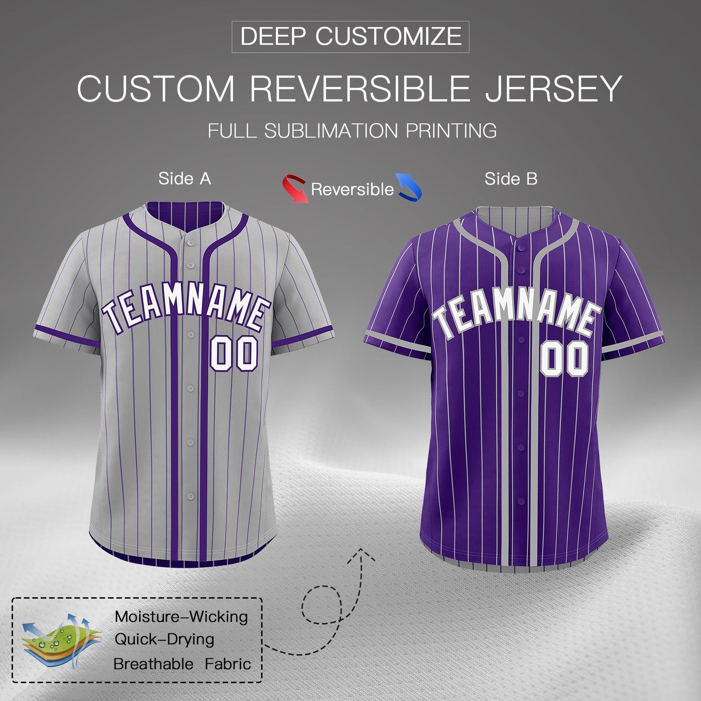 Custom Gray Purple Reversible Baseball Jersey Stripe Fashion Game Day & Tournament Wear Lightweight