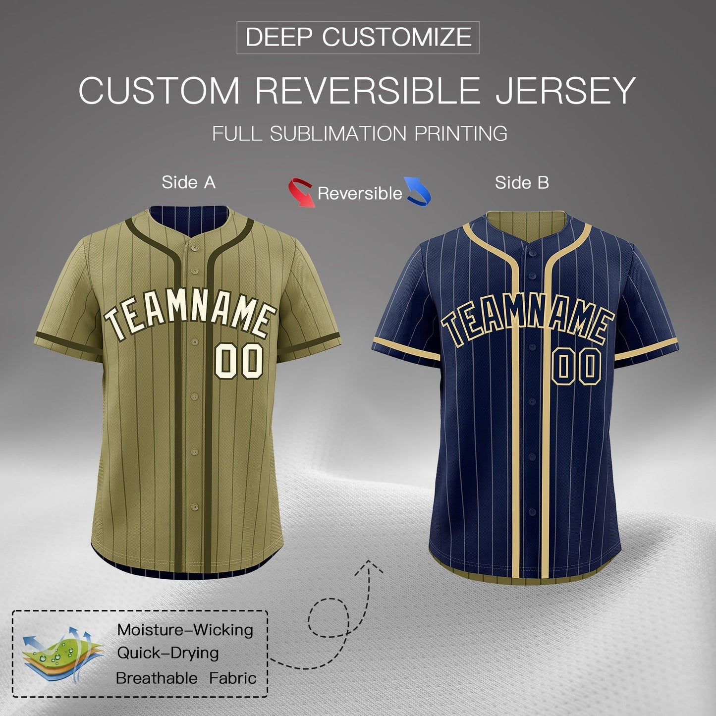 Custom Navy Olive Reversible Baseball Jersey Stripe Fashion Game Day & Tournament Wear Lightweight