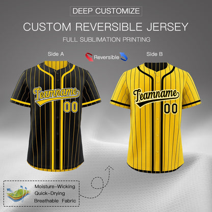 Custom Black Yellow Reversible Baseball Jersey Stripe Fashion Game Day & Tournament Wear Breathable
