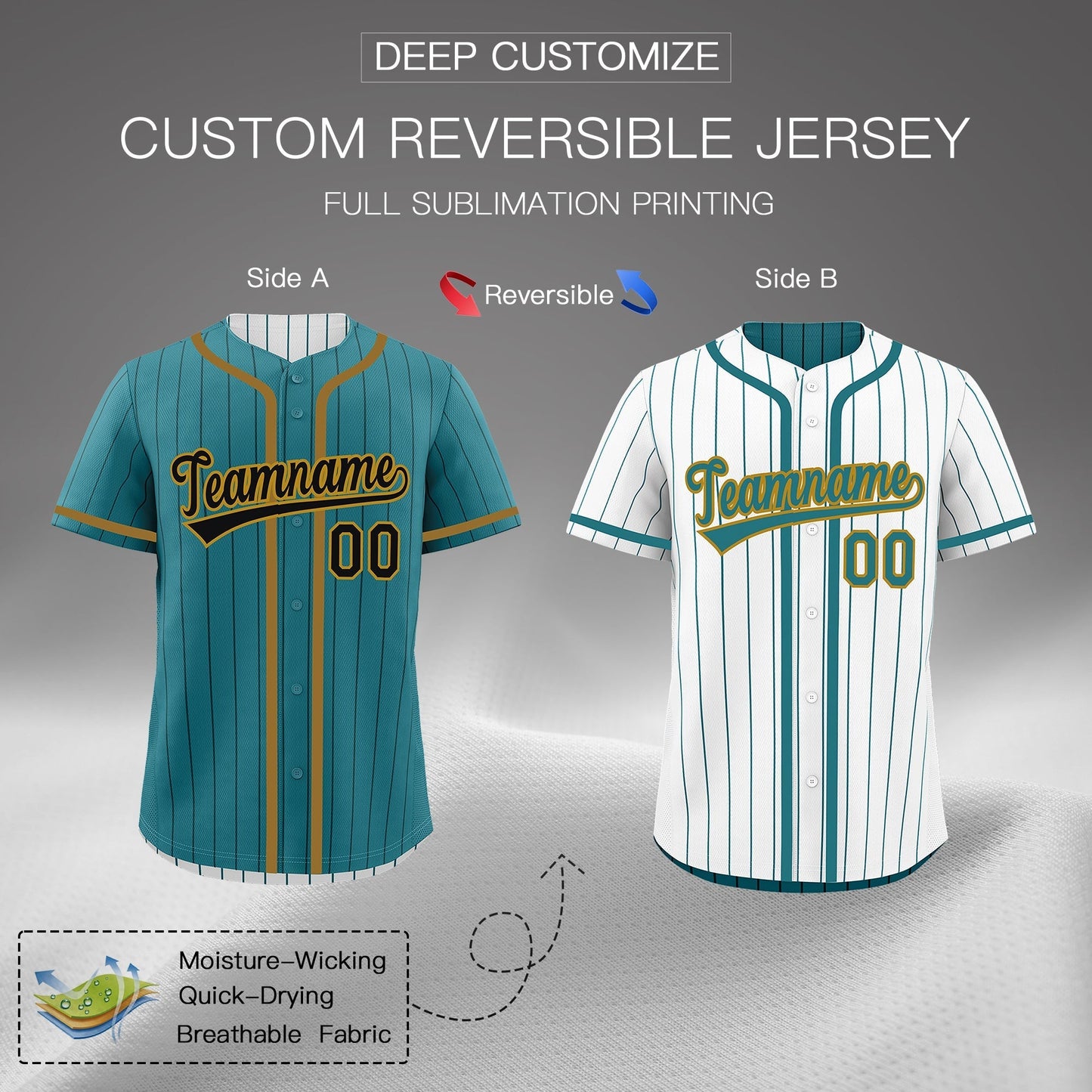Custom Teal White Reversible Baseball Jersey Stripe Fashion Game Day & Tournament Wear Lightweight
