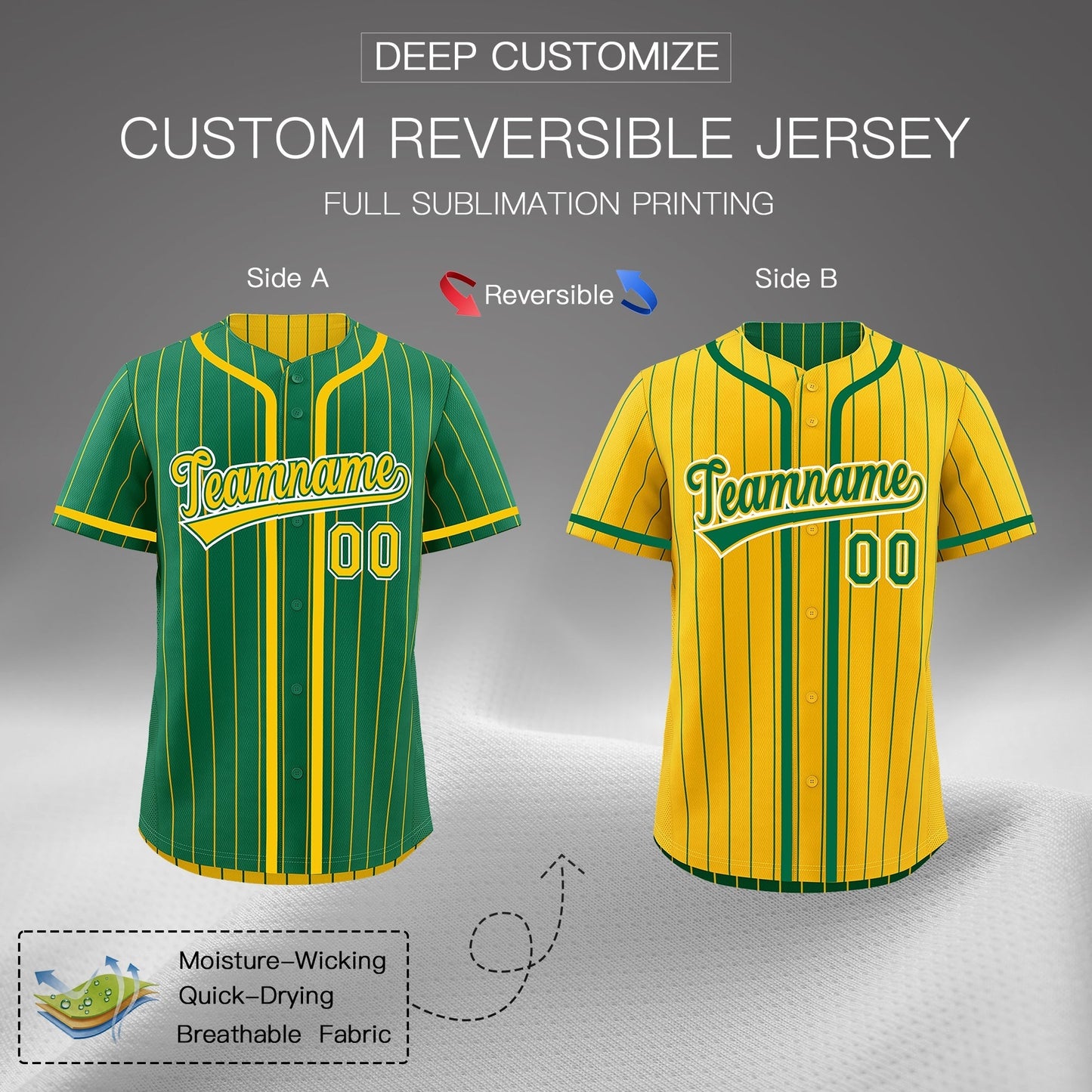 Custom Kelly Green Yellow Reversible Baseball Jersey Stripe Fashion Game Day & Tournament Wear Lightweight